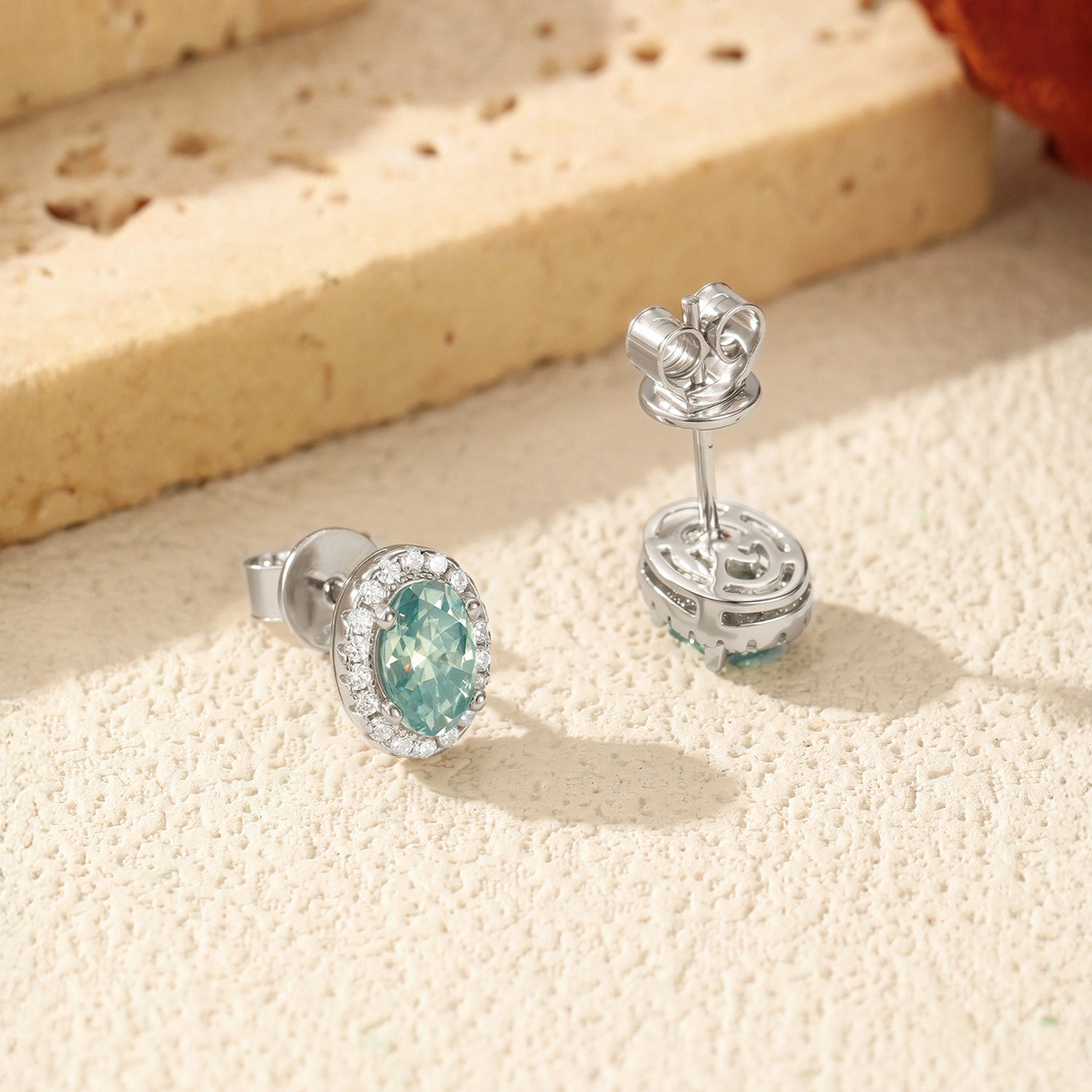 925 Sterling Silver Cyan Oval Moissanite Halo Stud Earrings 110100054
