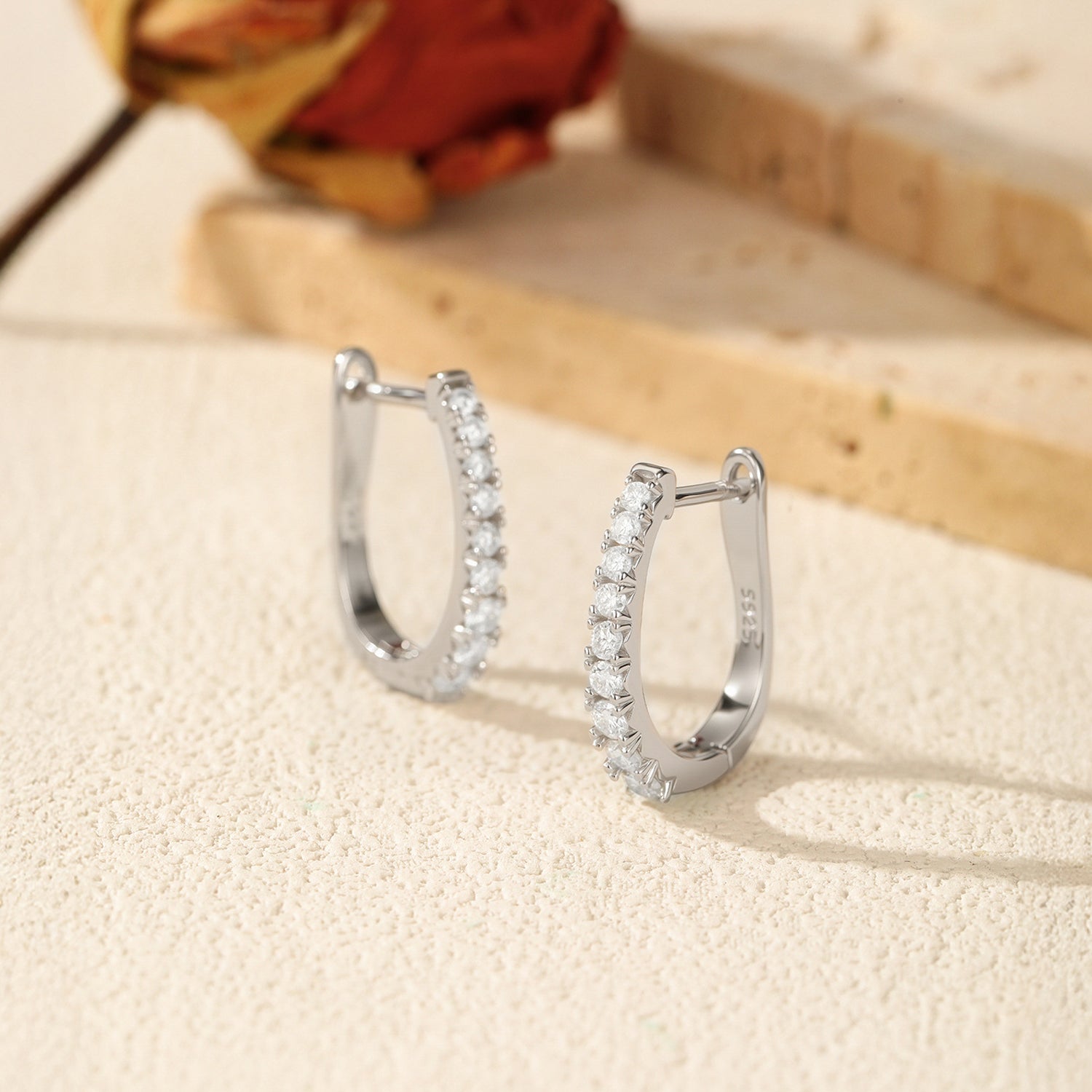 925 Sterling Silver Moissanite Pavé Oval Huggie Hoop Earrings 110100059