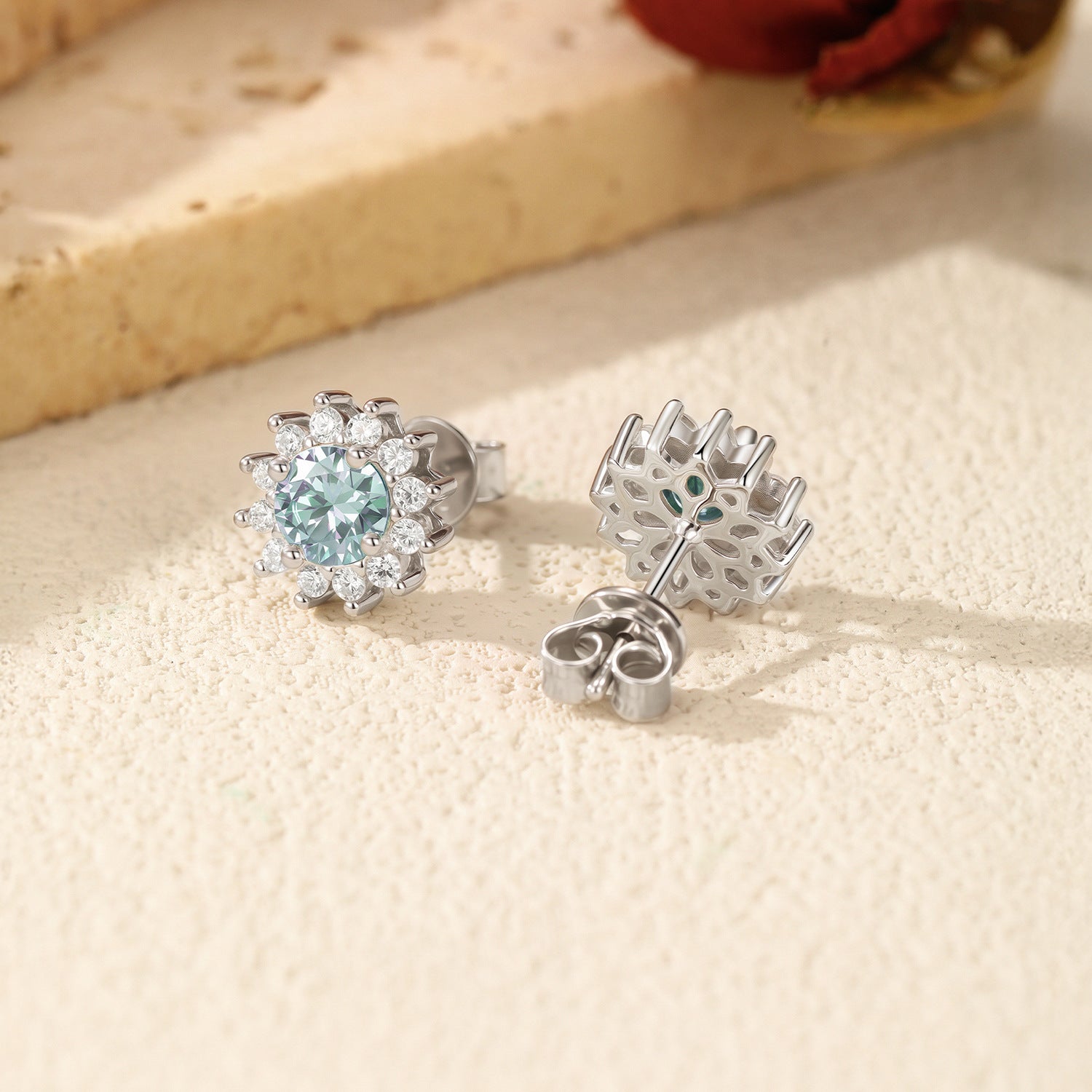 925 Sterling Silver Cyan Green Moissanite Snowflake Halo Earrings 110100060