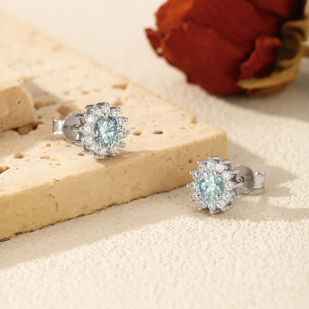 925 Sterling Silver Cyan Green Moissanite Snowflake Halo Earrings 110100060