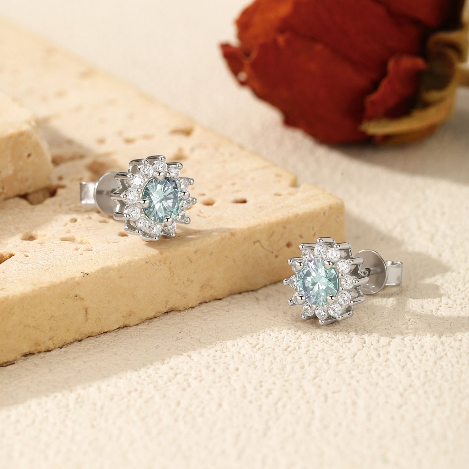 925 Sterling Silver Cyan Green Moissanite Snowflake Halo Earrings 110100060