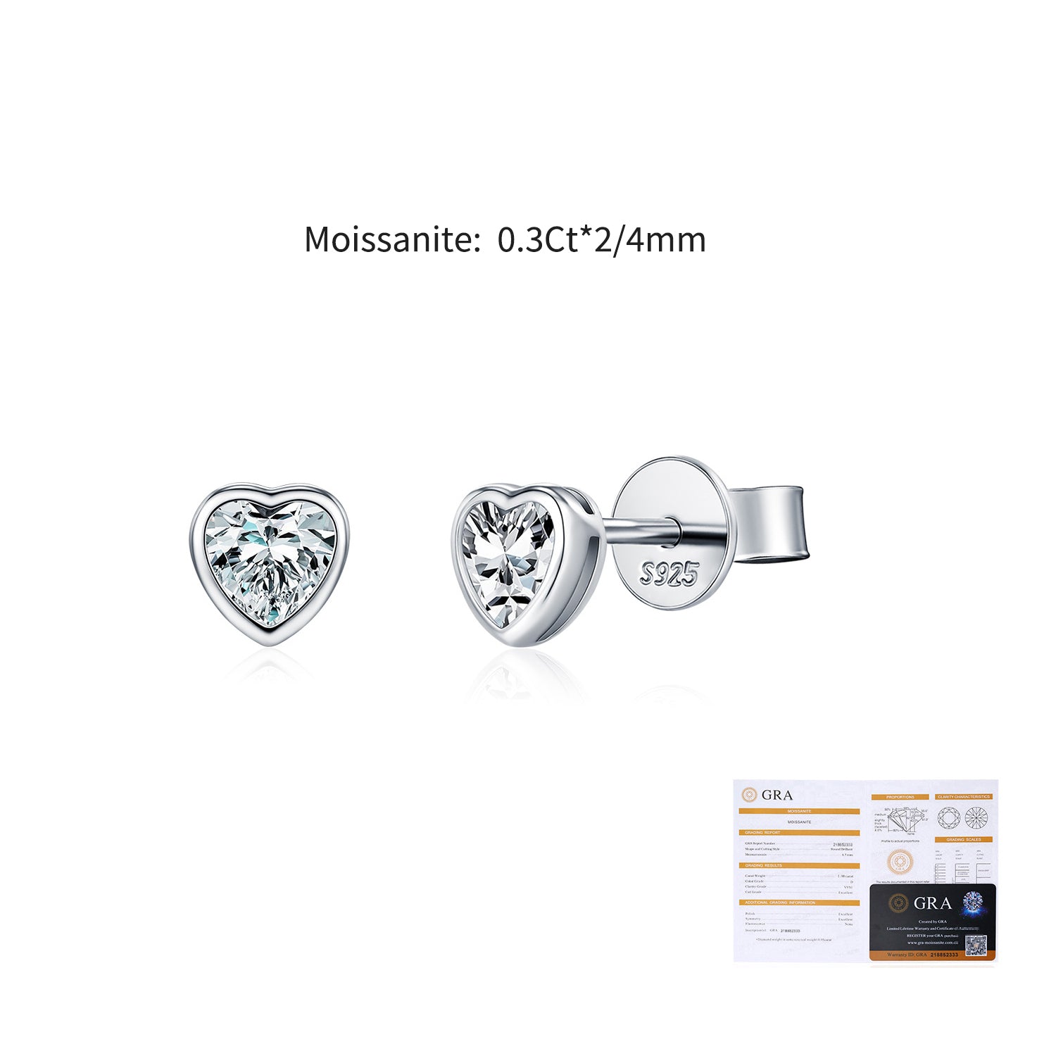 925 Sterling Silver Heart-Cut Moissanite Bezel Stud Earrings 110100062