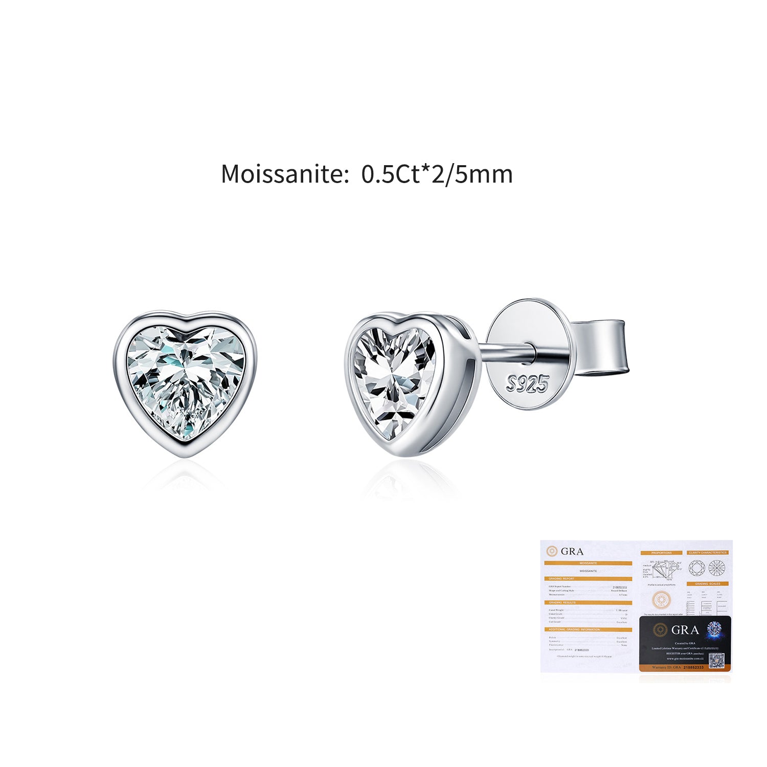 925 Sterling Silver Heart-Cut Moissanite Bezel Stud Earrings 110100062