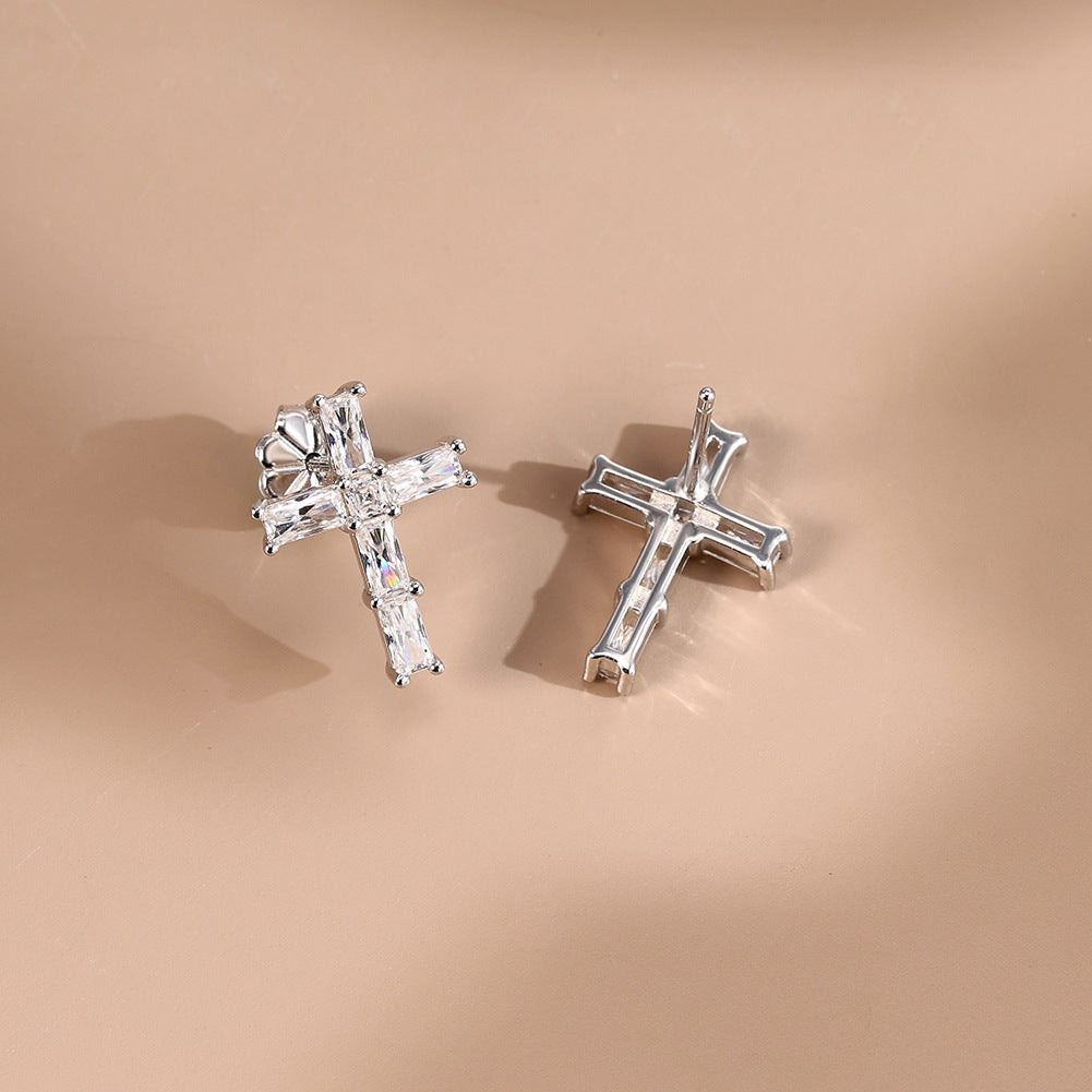 925 Sterling Silver Radiant Cut Moissanite Cross Stud Earrings 110100068