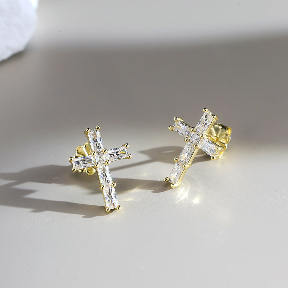 925 Sterling Silver Radiant Cut Moissanite Cross Stud Earrings 110100068