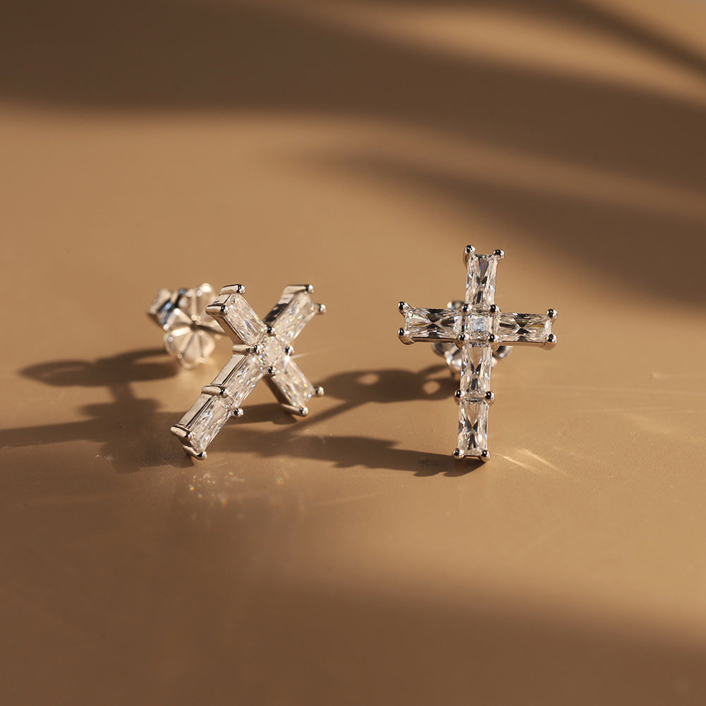 925 Sterling Silver Radiant Cut Moissanite Cross Stud Earrings 110100068