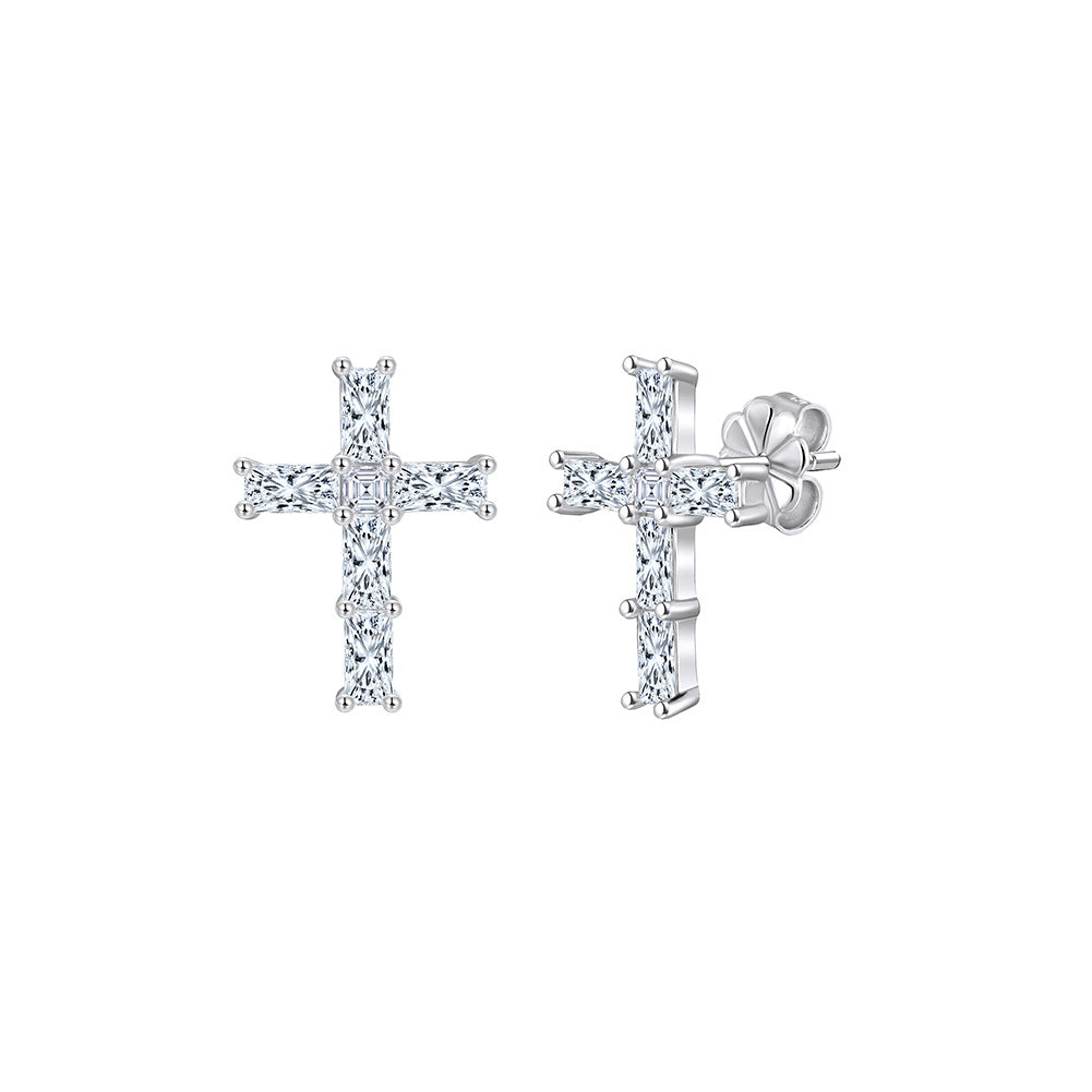 925 Sterling Silver Radiant Cut Moissanite Cross Stud Earrings 110100068