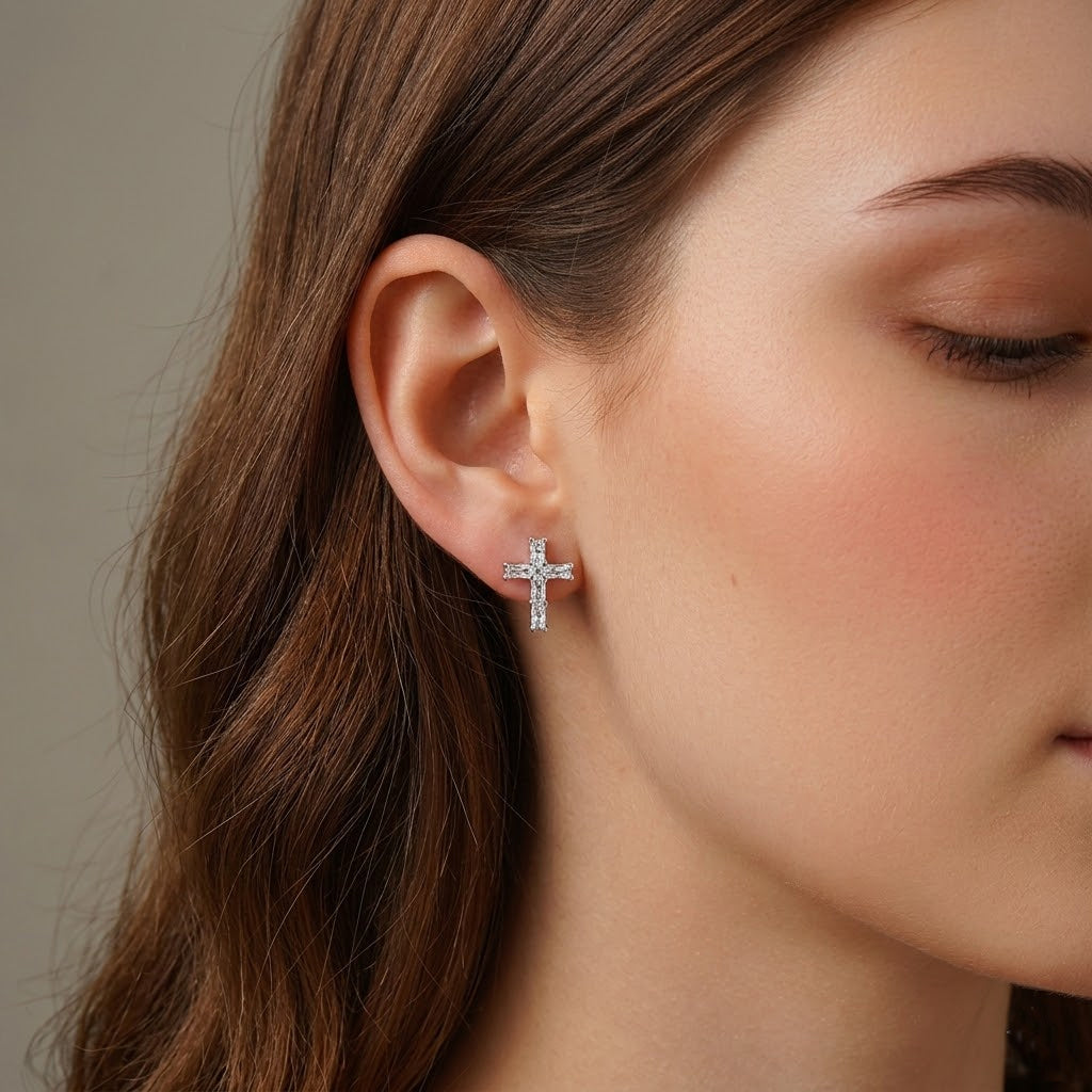 925 Sterling Silver Radiant Cut Moissanite Cross Stud Earrings 110100068