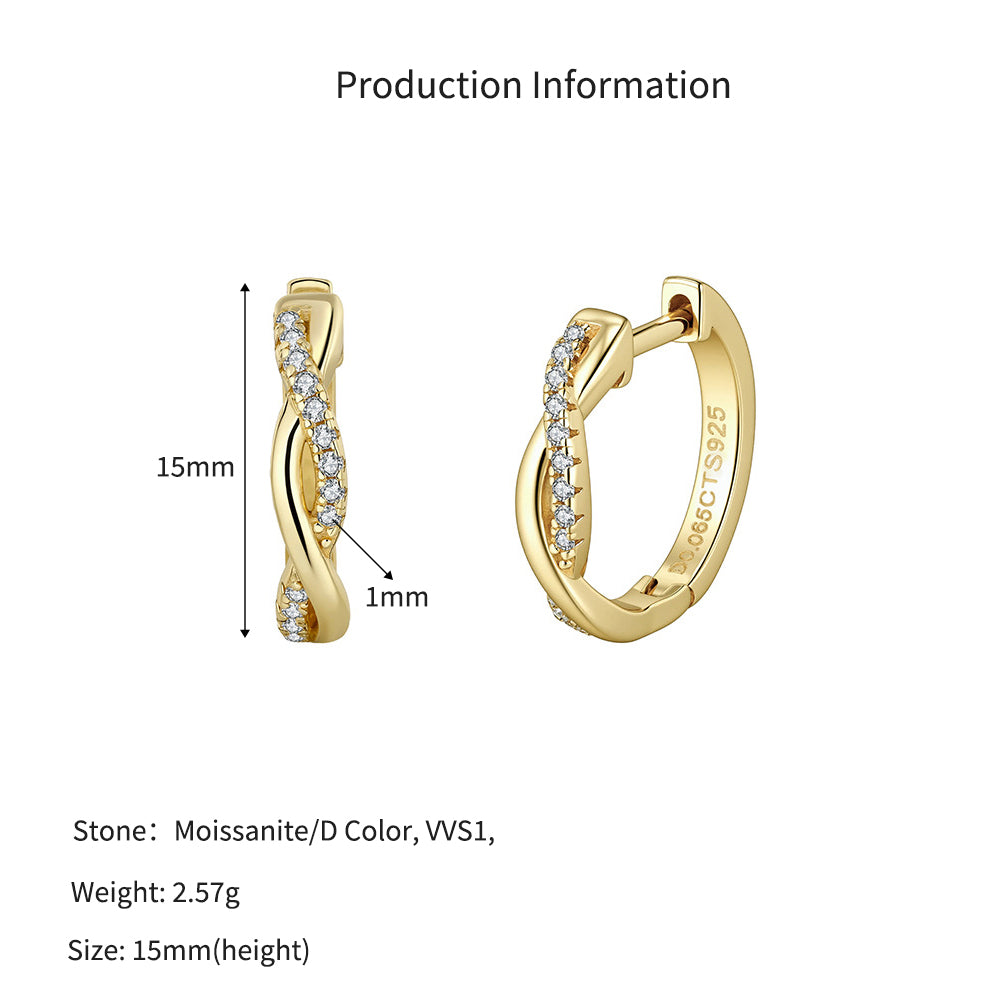 925 Sterling Silver Moissanite Mobius Twist Huggie Hoop Earrings 110100070