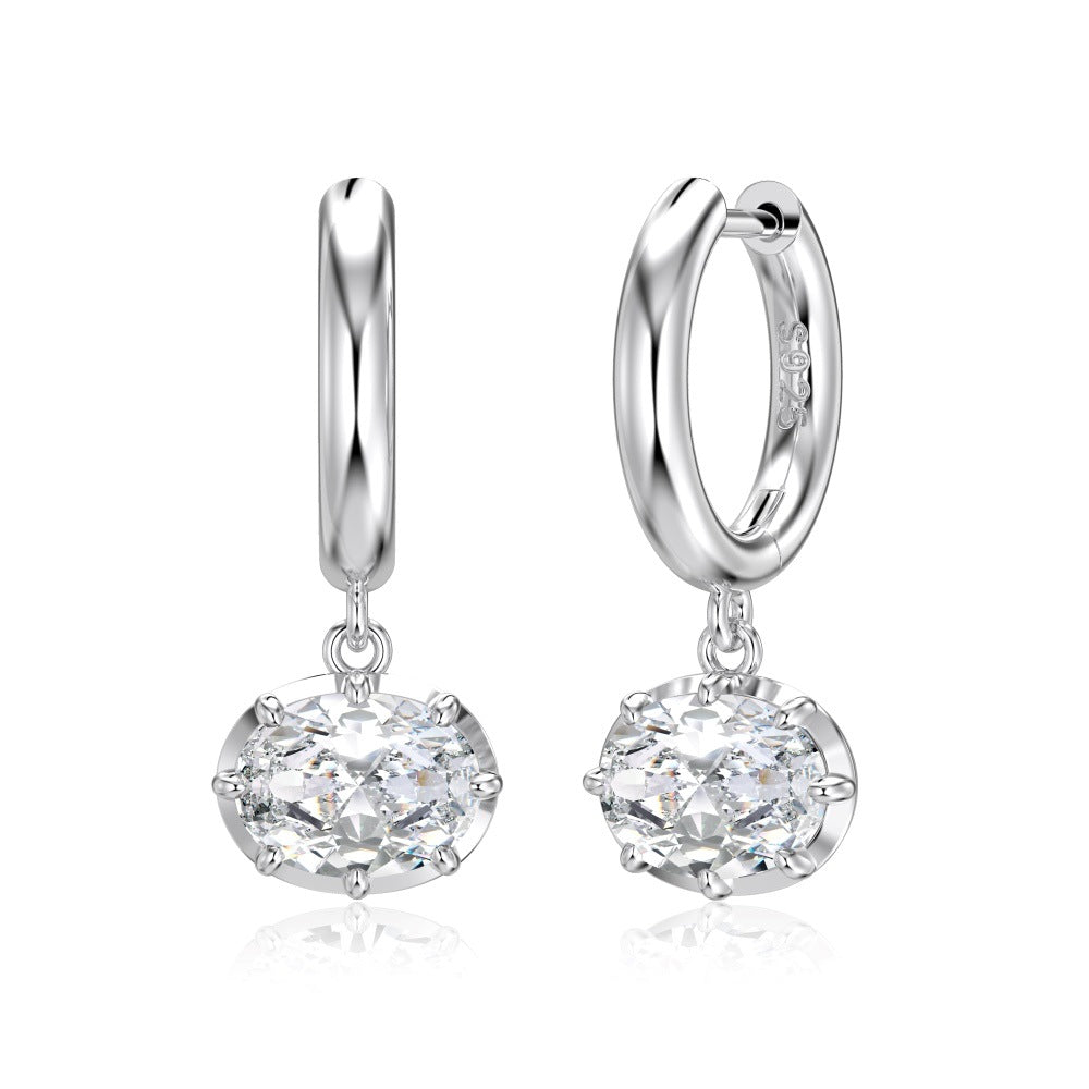 925 Sterling Silver Oval Zircon Moissanite Huggie Hoop Earrings 110100078