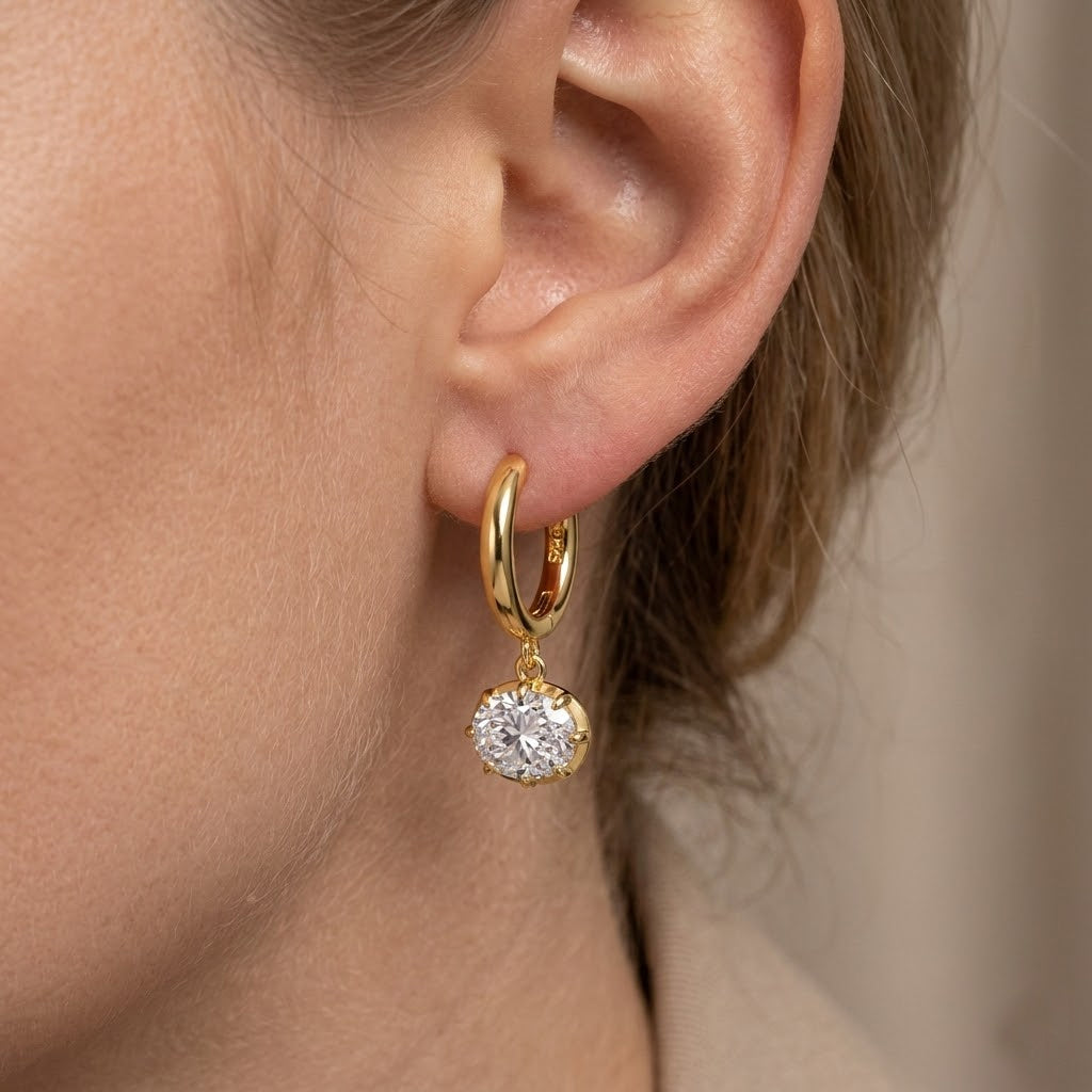 925 Sterling Silver Oval Zircon Moissanite Huggie Hoop Earrings 110100078