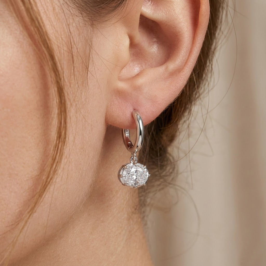 925 Sterling Silver Oval Zircon Moissanite Huggie Hoop Earrings 110100078