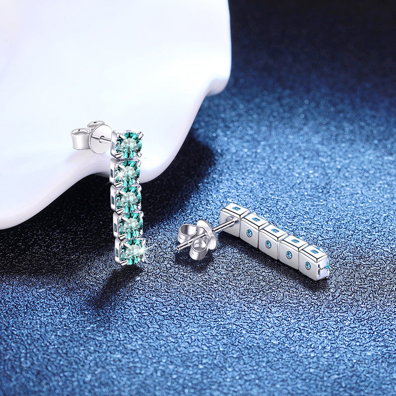 925 Sterling Silver 3ct Teal Blue Moissanite Linear Drop Earrings 110100081