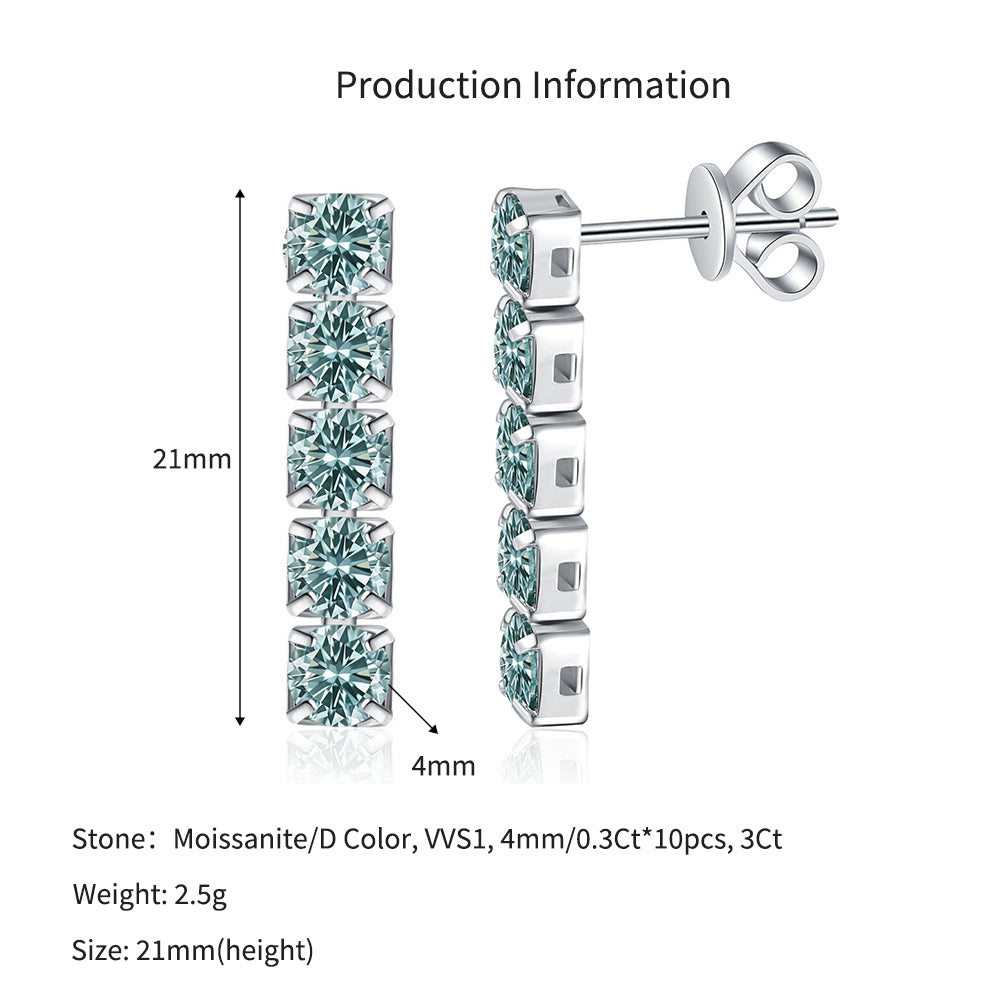 925 Sterling Silver 3ct Teal Blue Moissanite Linear Drop Earrings 110100081