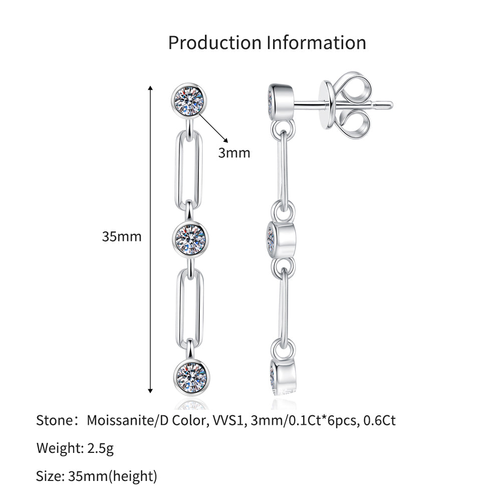 925 Sterling Silver 0.6ct Moissanite Link Chain Drop Earrings 110100082