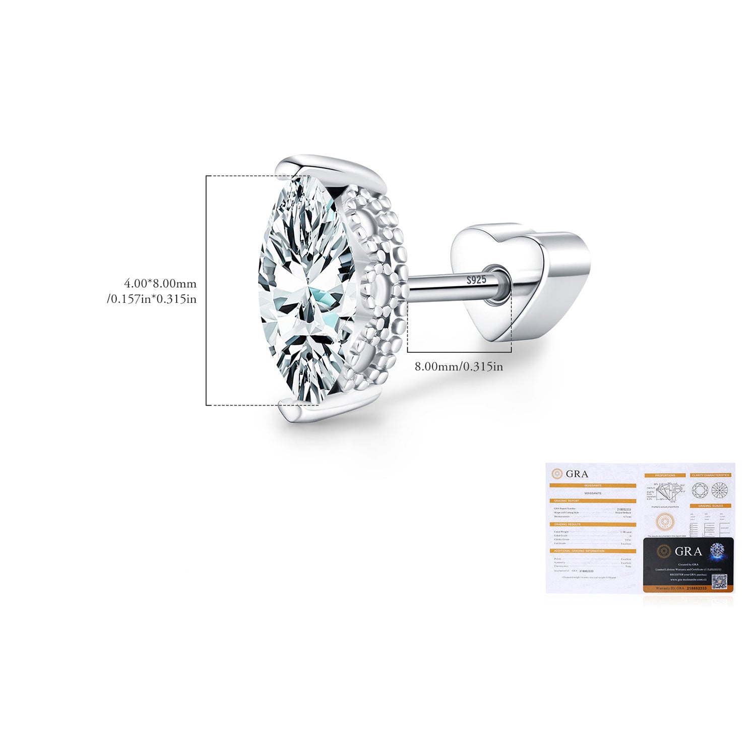 925 Sterling Silver Marquise Moissanite Beaded Cartilage Stud 110100086