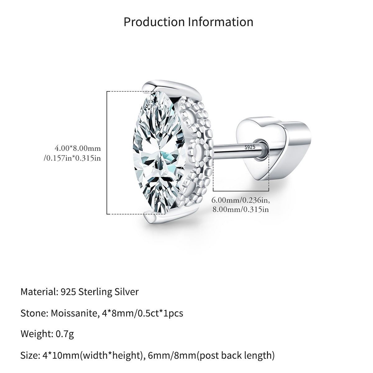 925 Sterling Silver Marquise Moissanite Beaded Cartilage Stud 110100086