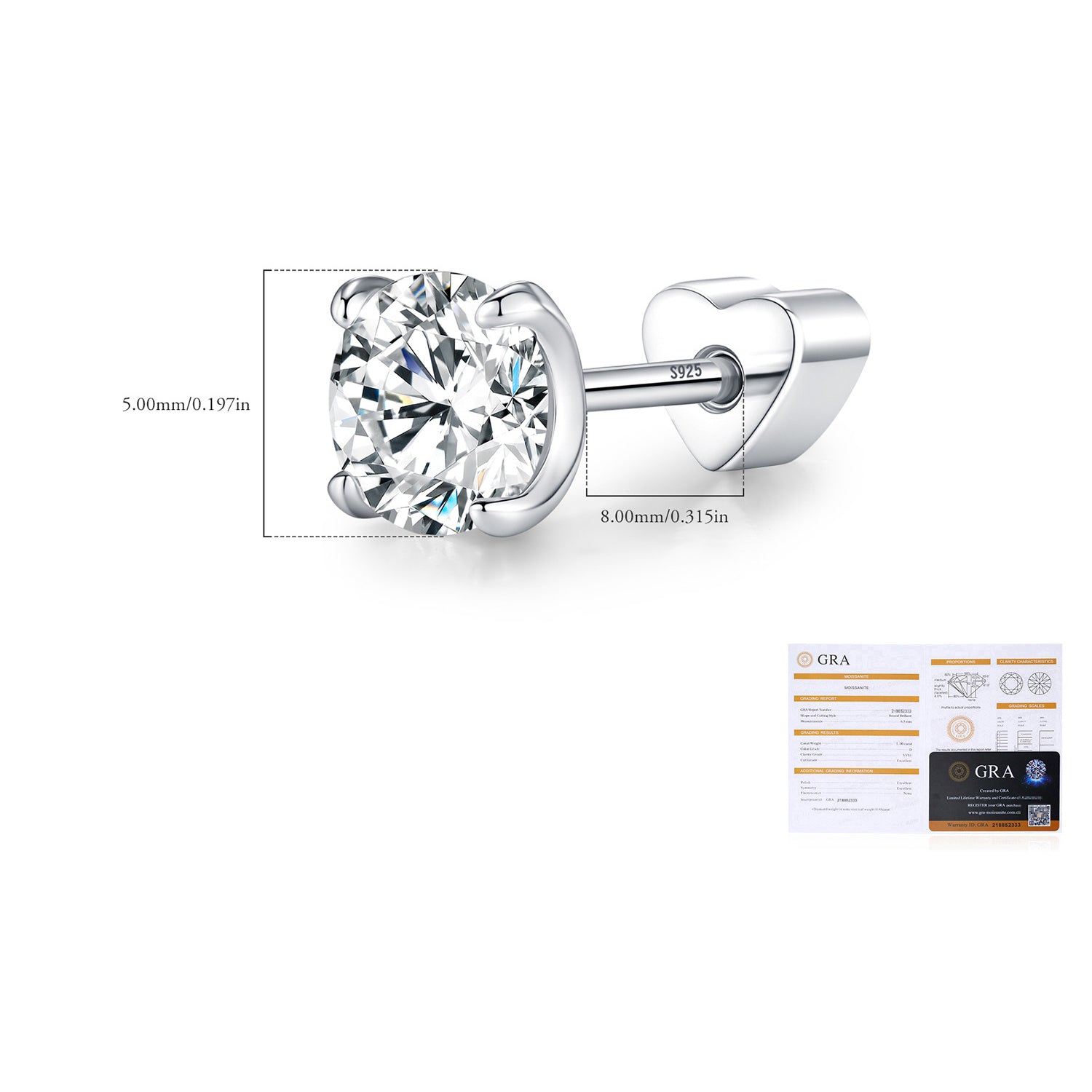 925 Sterling Silver 0.5ct Round Moissanite Cartilage Stud 110100087