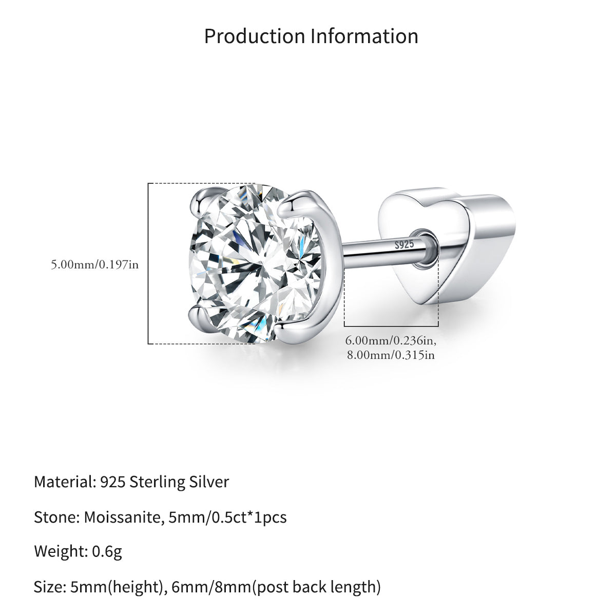 925 Sterling Silver 0.5ct Round Moissanite Cartilage Stud 110100087