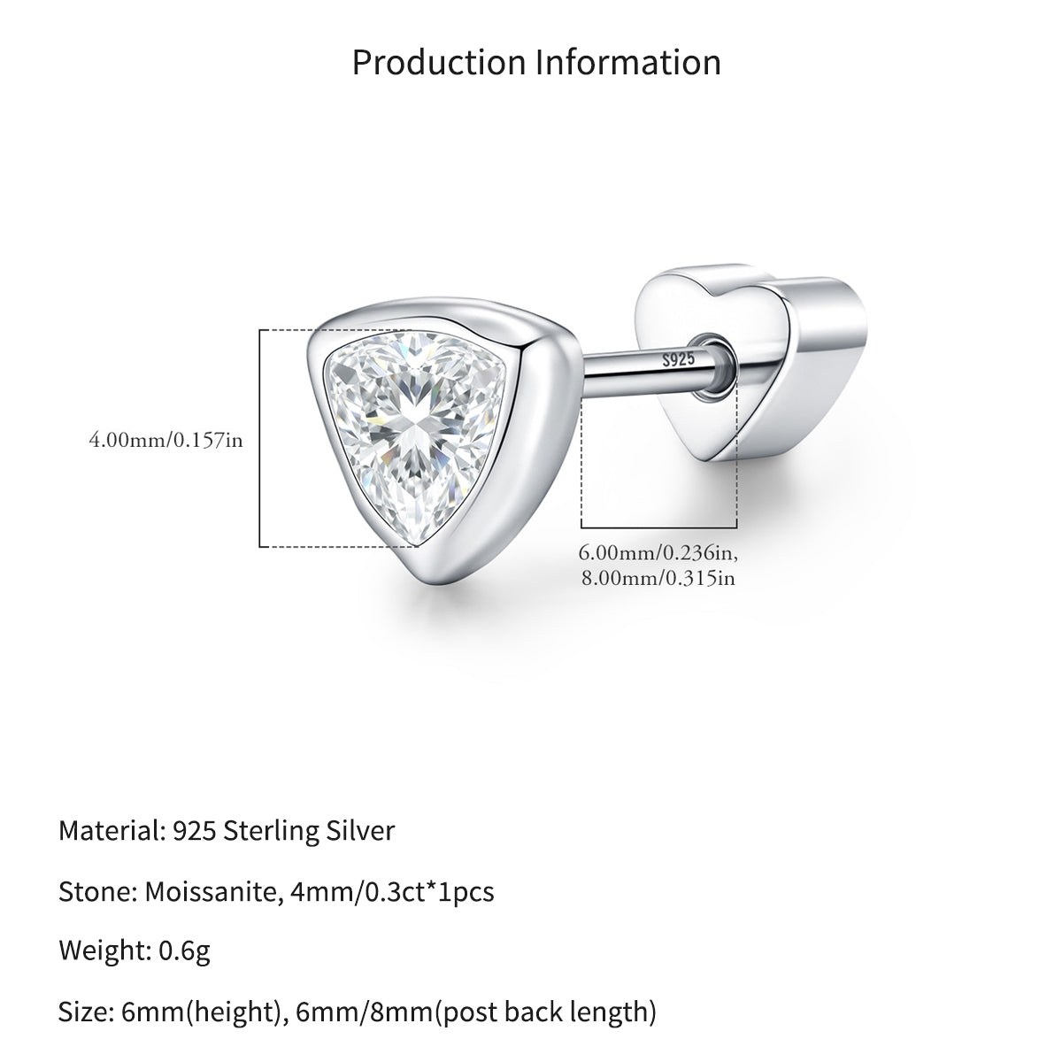 925 Sterling Silver Triangle Cut Moissanite Cartilage Stud 110100088