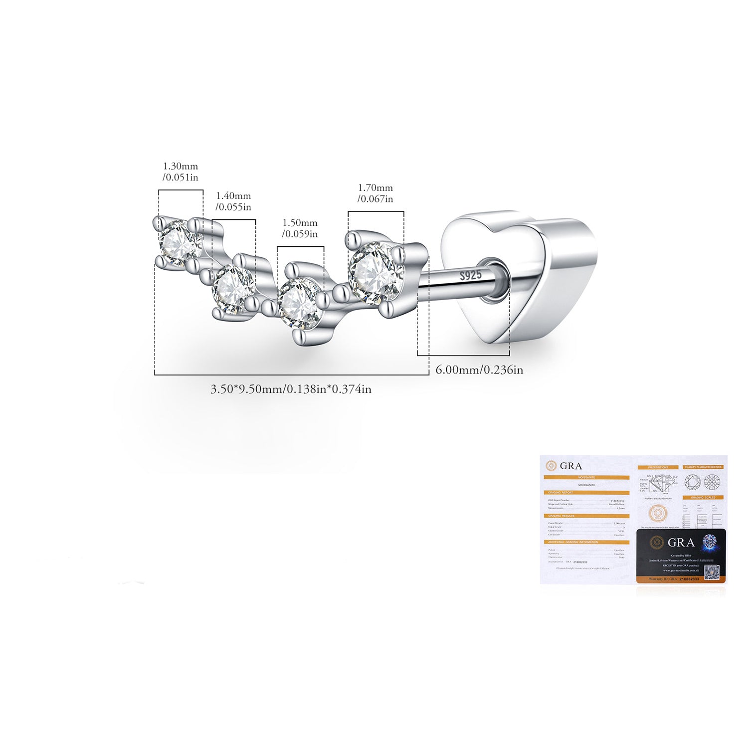 925 Sterling Silver Moissanite Curved Climber Cartilage Stud 110100089