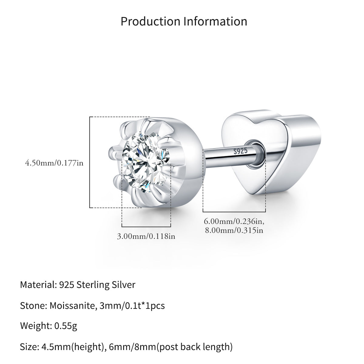 925 Sterling Silver Round Moissanite Cartilage Stud110100090