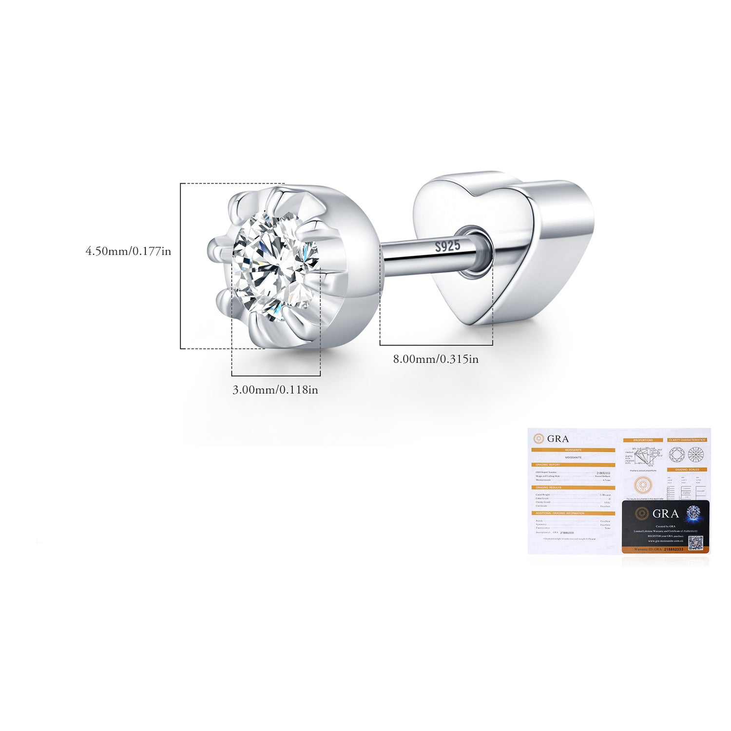 925 Sterling Silver Round Moissanite Cartilage Stud110100090
