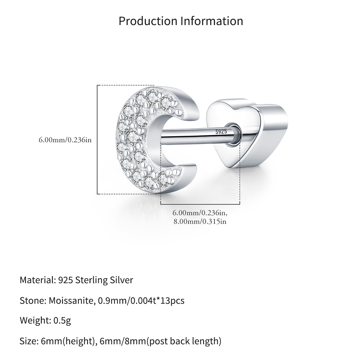 925 Sterling Silver Moissanite Crescent Moon Cartilage Stud 110100091