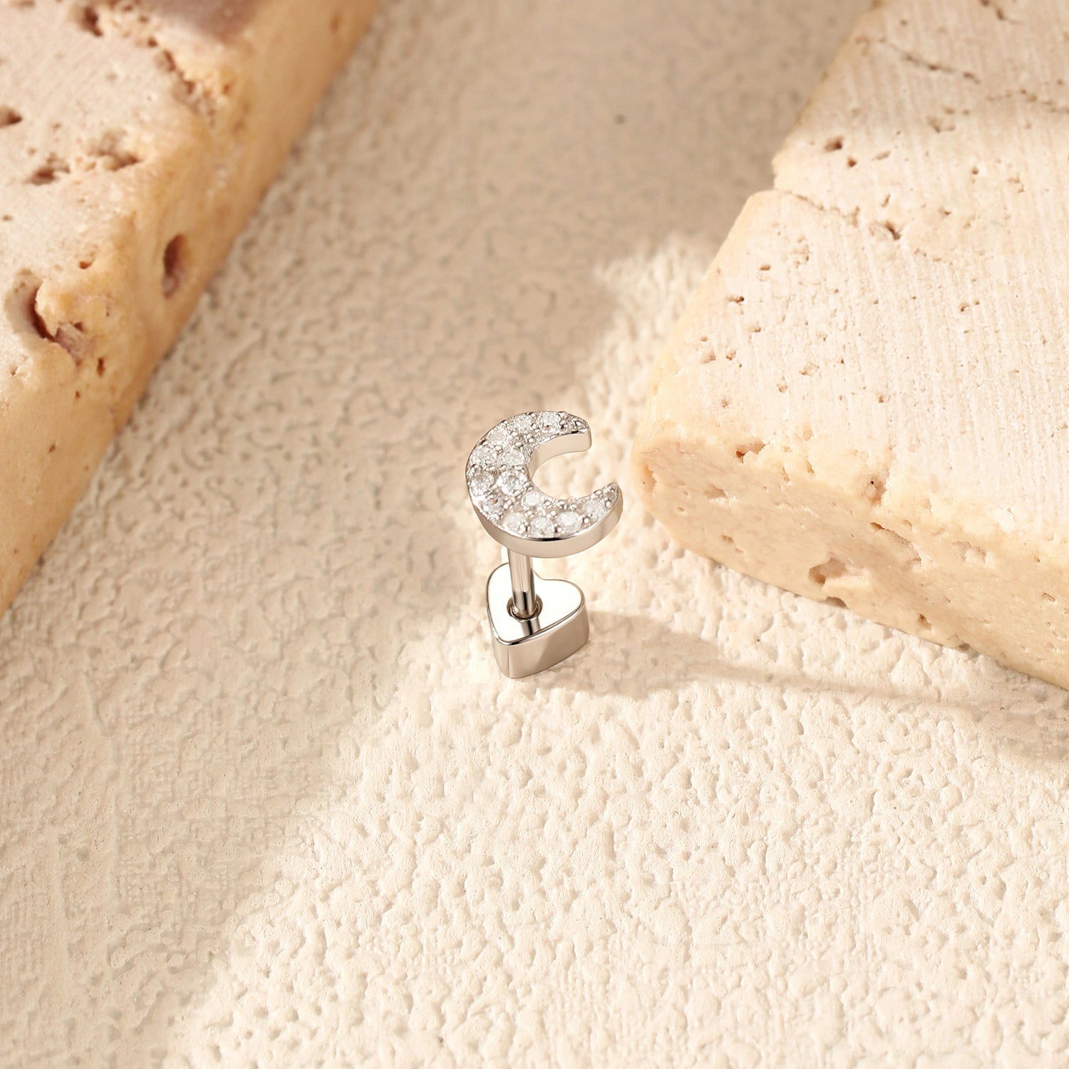 925 Sterling Silver Moissanite Crescent Moon Cartilage Stud 110100091