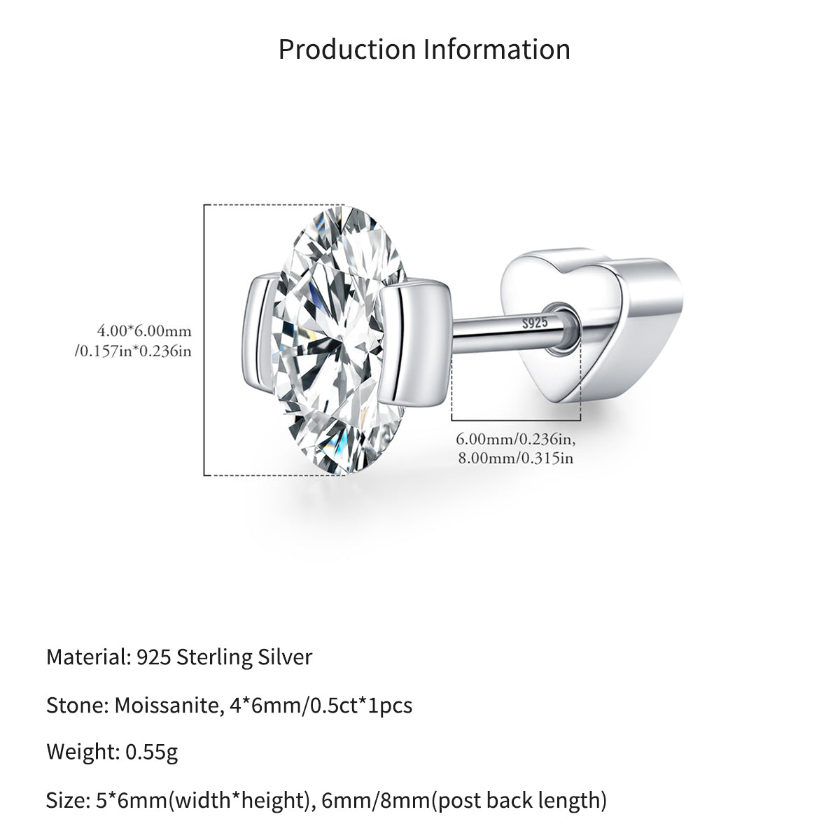 925 Sterling Silver Oval Moissanite Half Bezel Cartilage Stud110100094