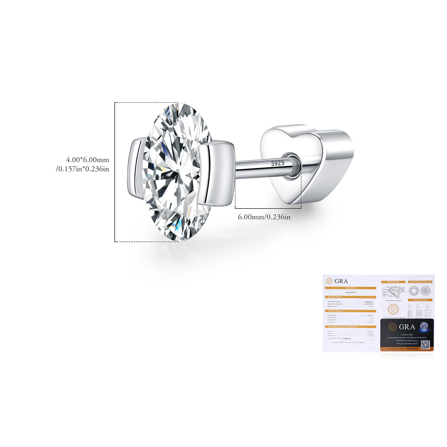 925 Sterling Silver Oval Moissanite Half Bezel Cartilage Stud110100094