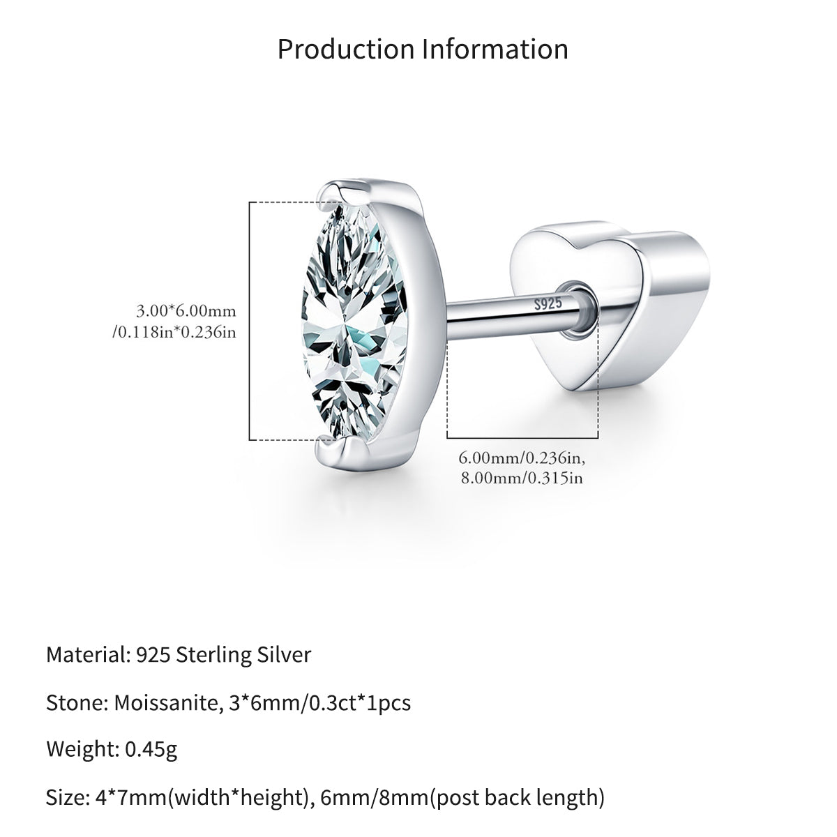 925 Sterling Silver Marquise Cut Moissanite Cartilage Stud 110100096