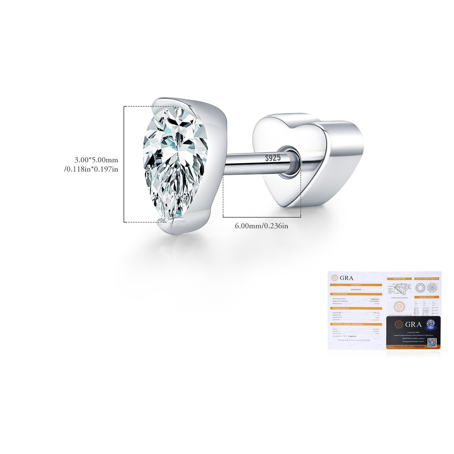 925 Sterling Silver Pear Cut Moissanite Cartilage Stud 110100097