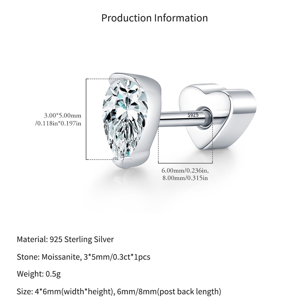 925 Sterling Silver Pear Cut Moissanite Cartilage Stud 110100097