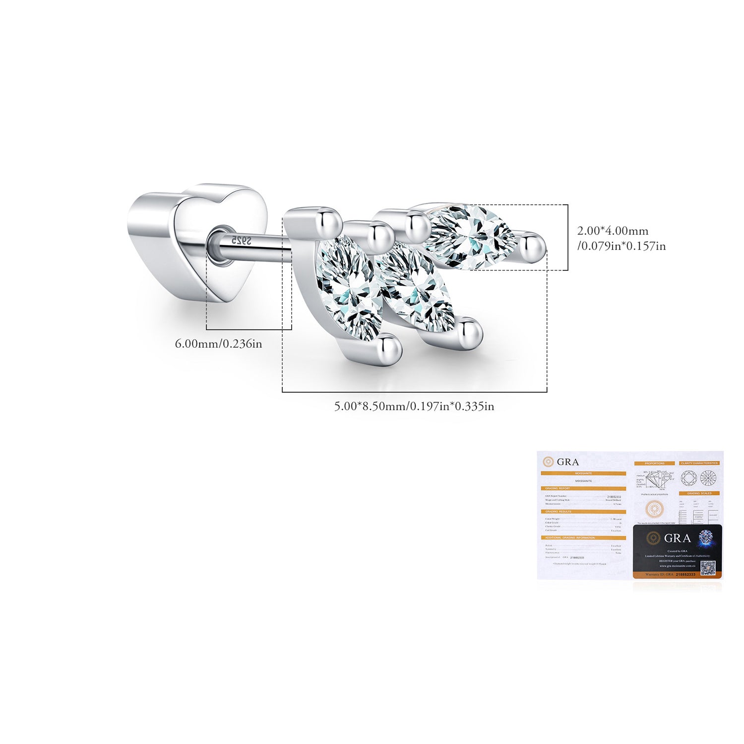 925 Sterling Silver Marquise Moissanite Cluster Cartilage Stud 110100098