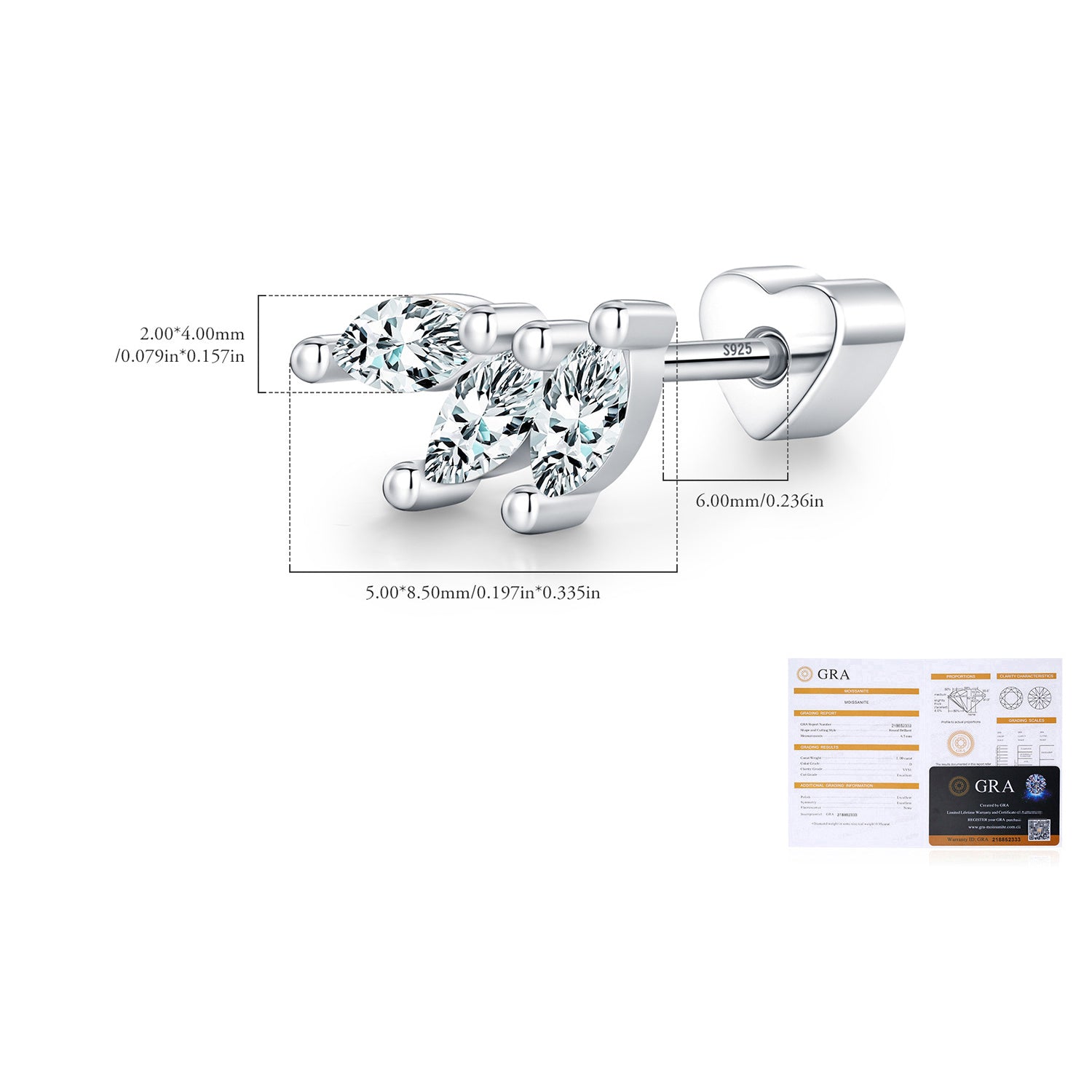 925 Sterling Silver Marquise Moissanite Cluster Cartilage Stud 110100098