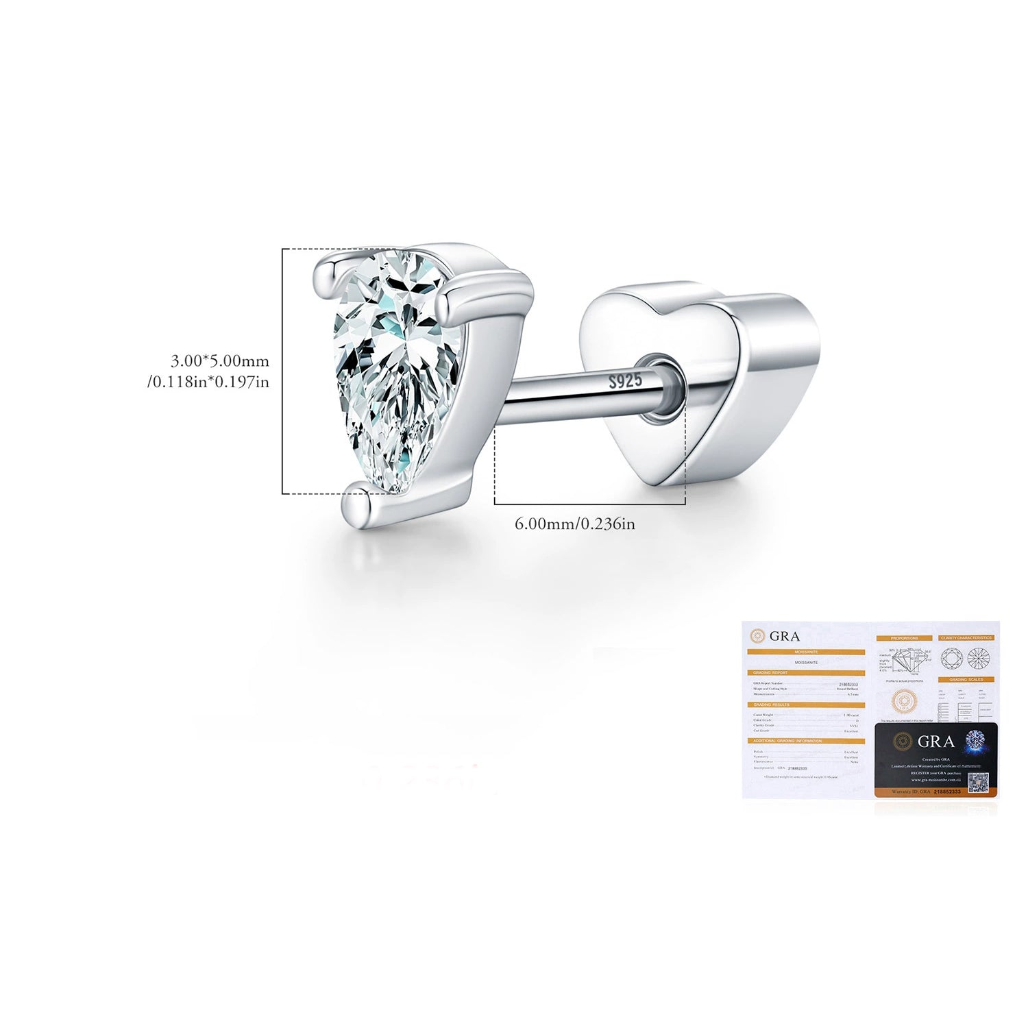 925 Sterling Silver Pear Cut Moissanite Cartilage Stud 110100100