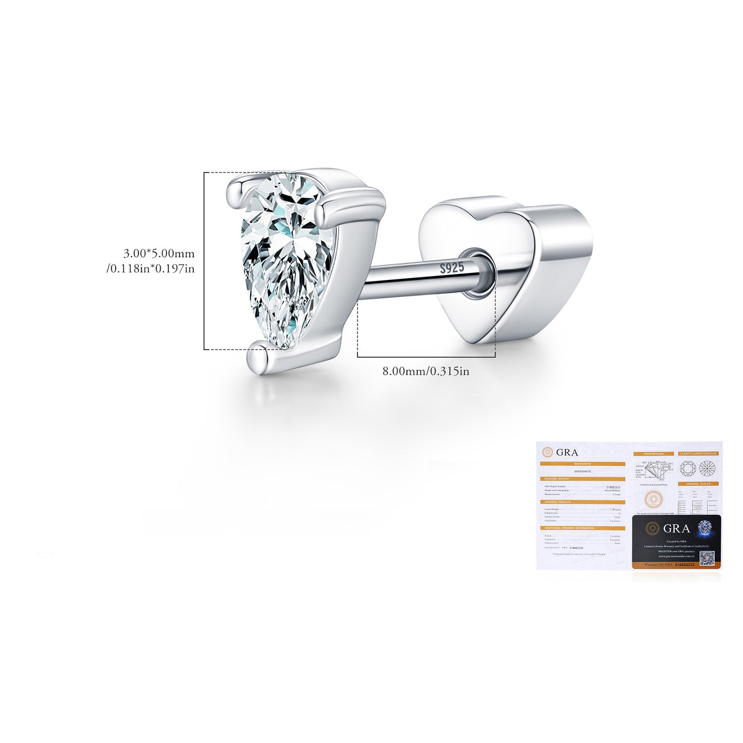925 Sterling Silver Pear Cut Moissanite Cartilage Stud 110100100