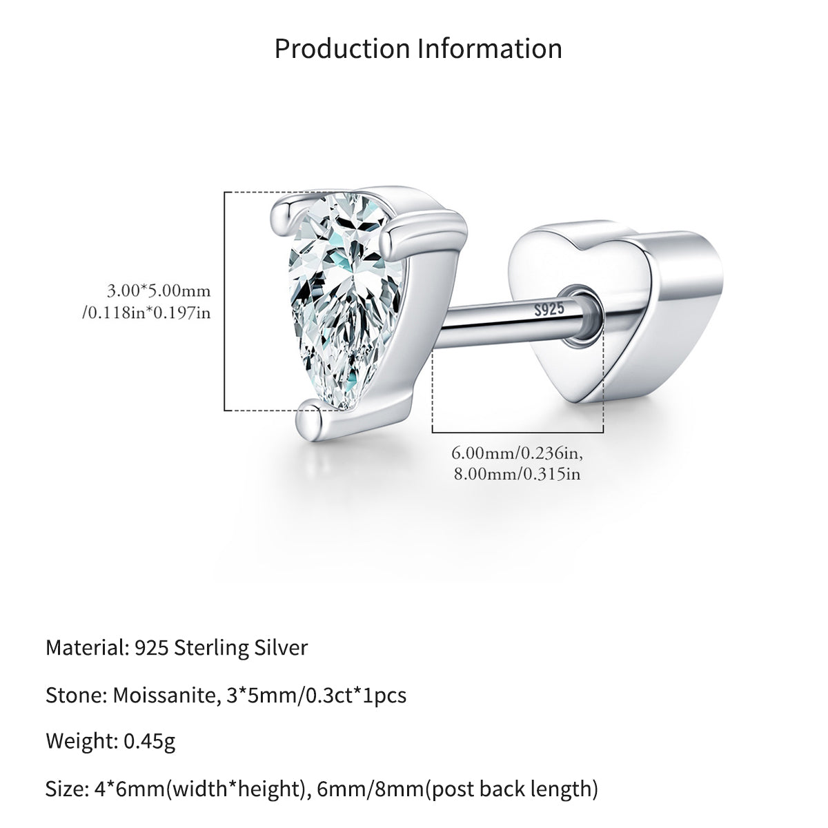 925 Sterling Silver Pear Cut Moissanite Cartilage Stud 110100100