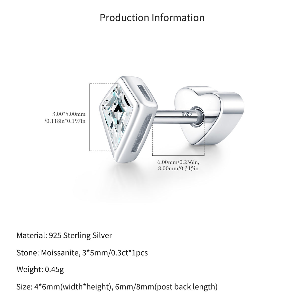 925 Sterling Silver Kite Cut Moissanite Cartilage Stud 110100101