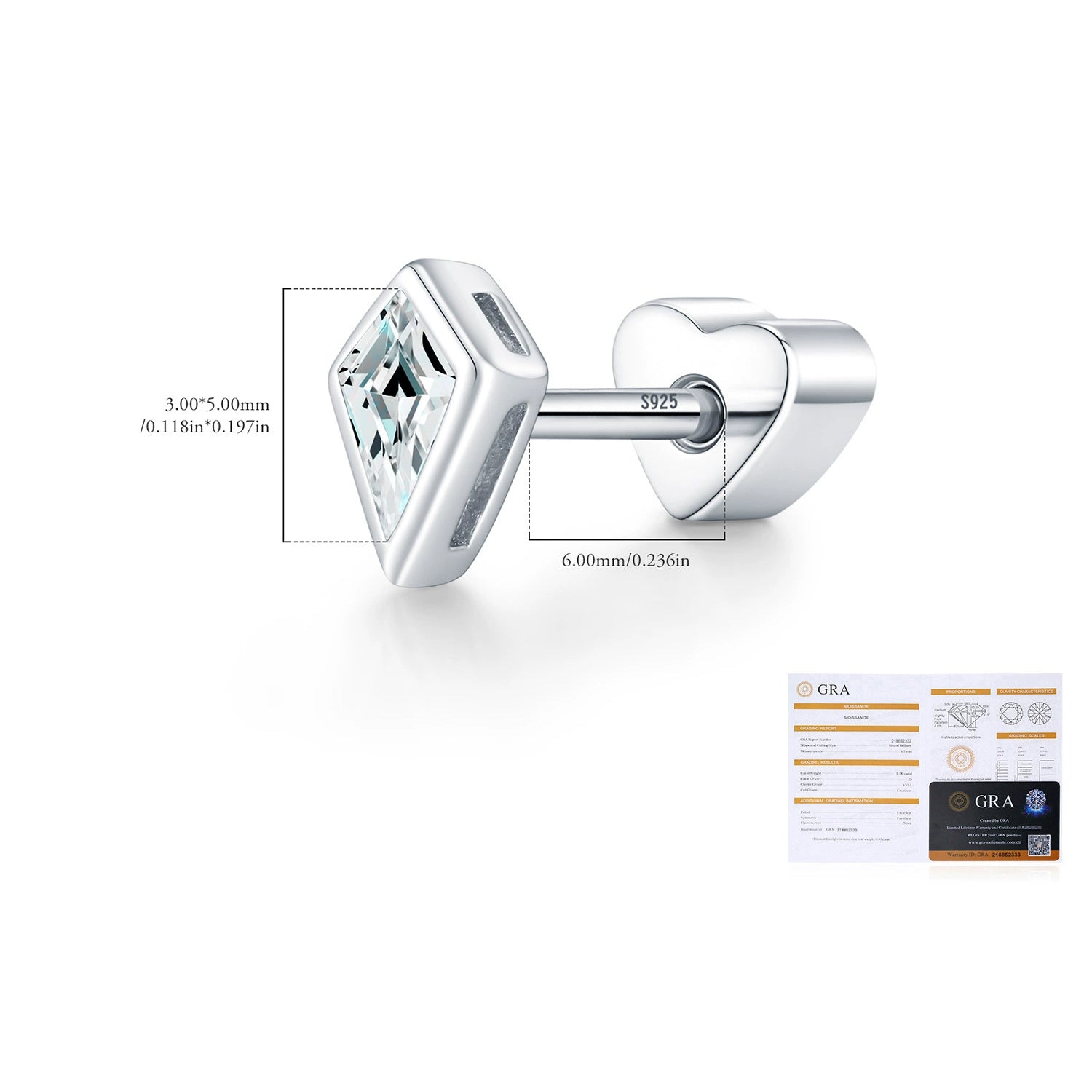 925 Sterling Silver Kite Cut Moissanite Cartilage Stud 110100101