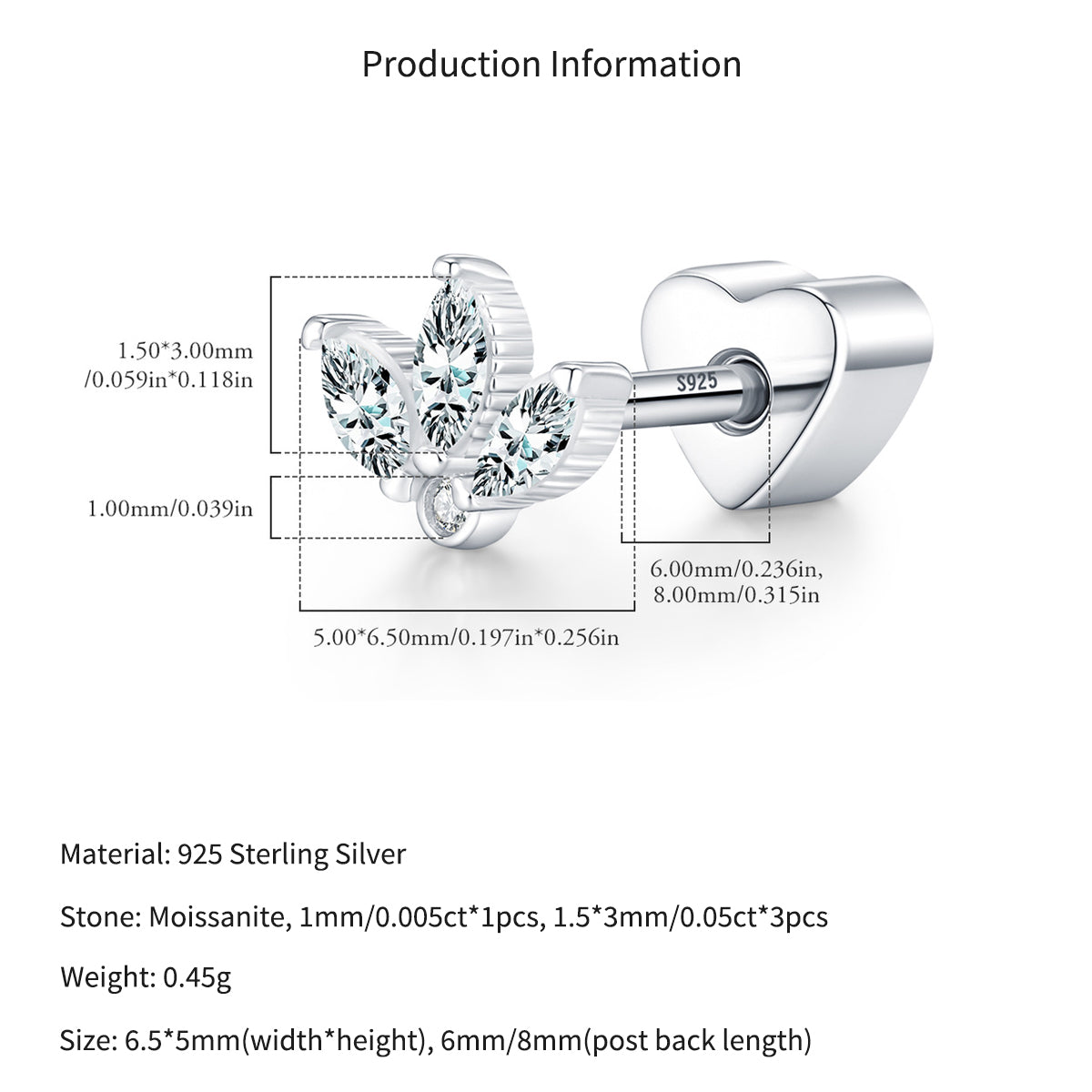 925 Sterling Silver Moissanite Crown Cartilage Stud 110100103