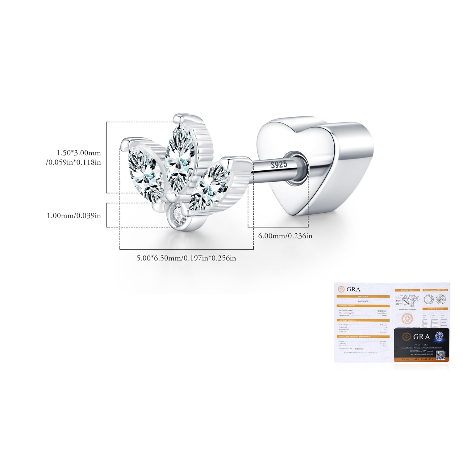 925 Sterling Silver Moissanite Crown Cartilage Stud 110100103