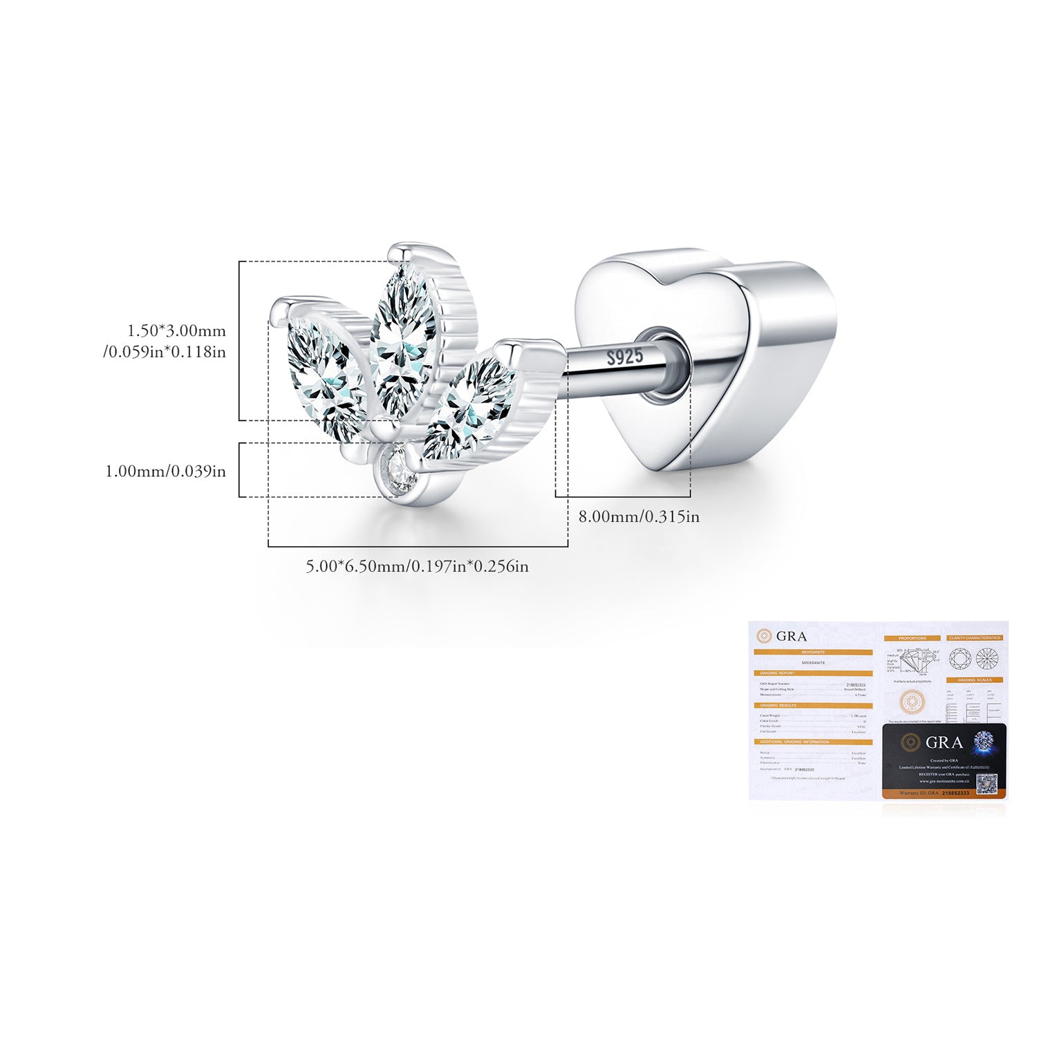 925 Sterling Silver Moissanite Crown Cartilage Stud 110100103