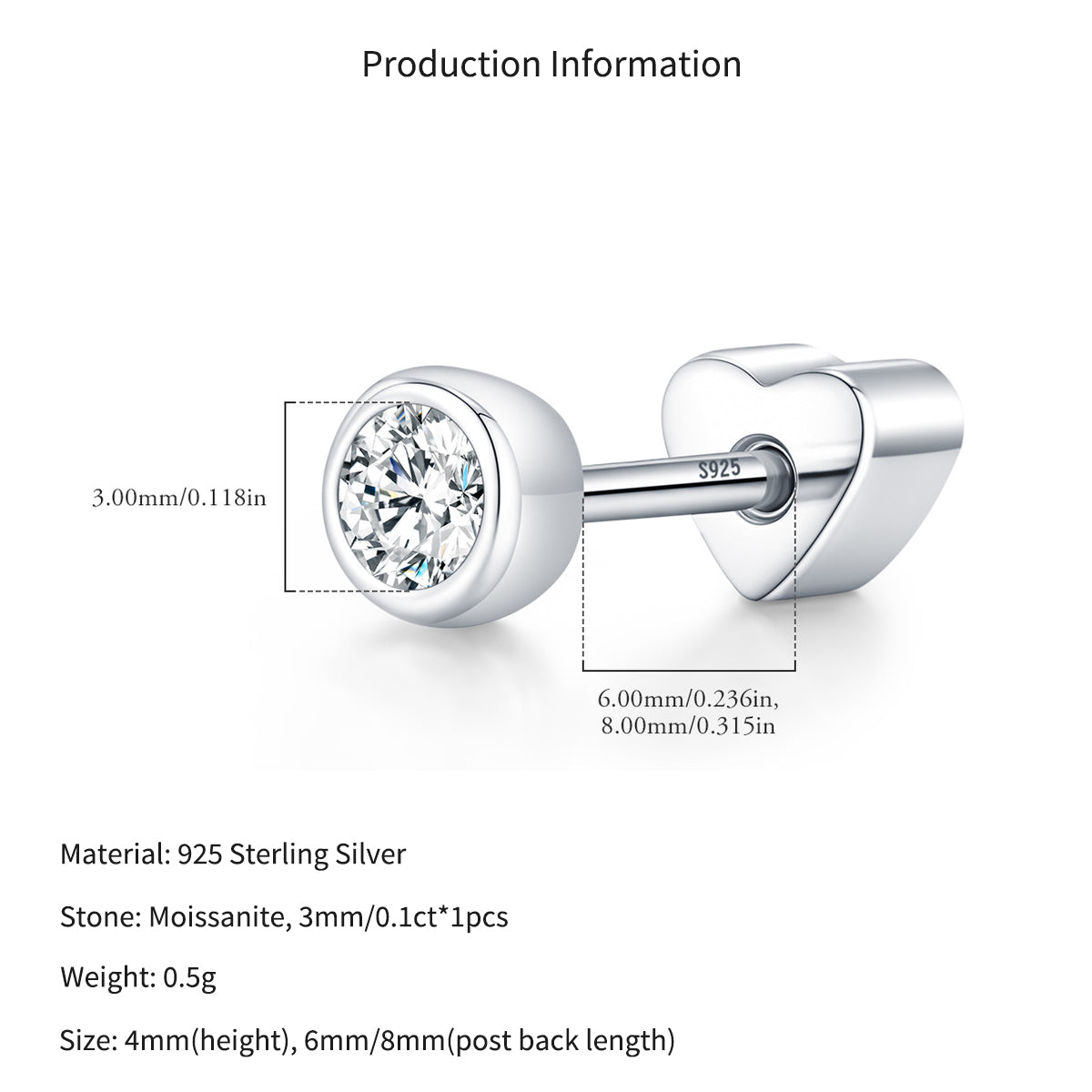 925 Sterling Silver Moissanite Bezel Bubble Cartilage Stud 110100105