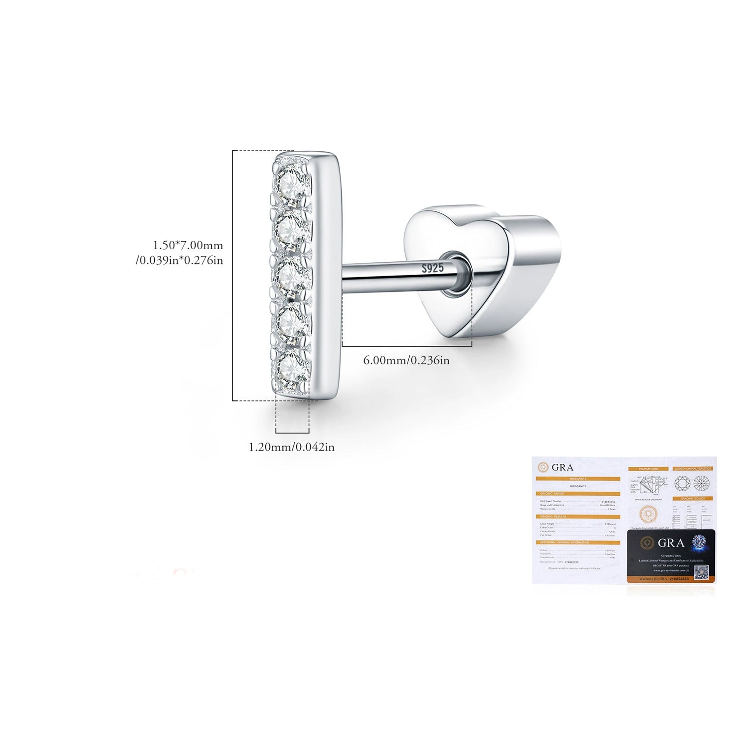 925 Sterling Silver Moissanite Pavé Bar Cartilage Stud 110100106