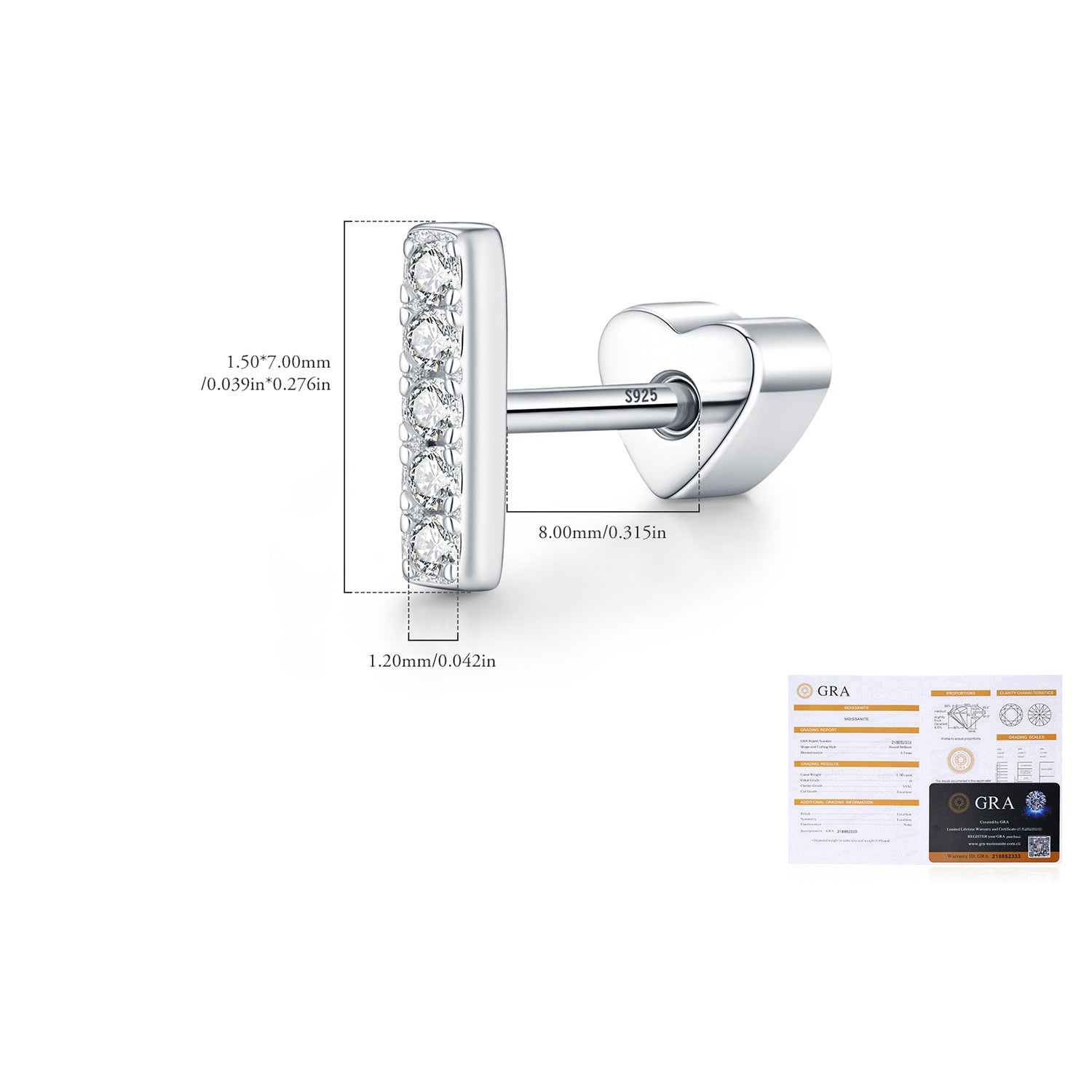 925 Sterling Silver Moissanite Pavé Bar Cartilage Stud 110100106