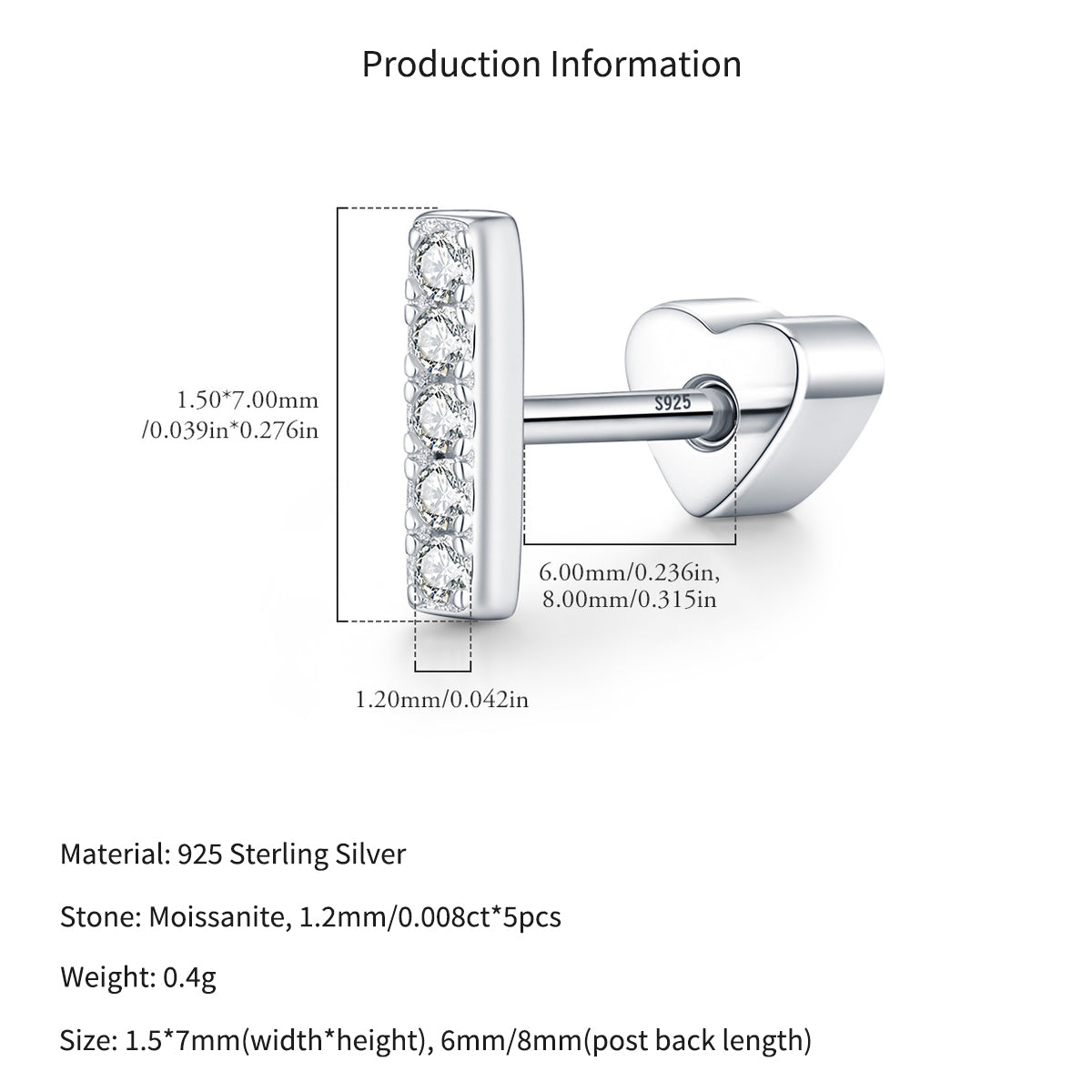 925 Sterling Silver Moissanite Pavé Bar Cartilage Stud 110100106