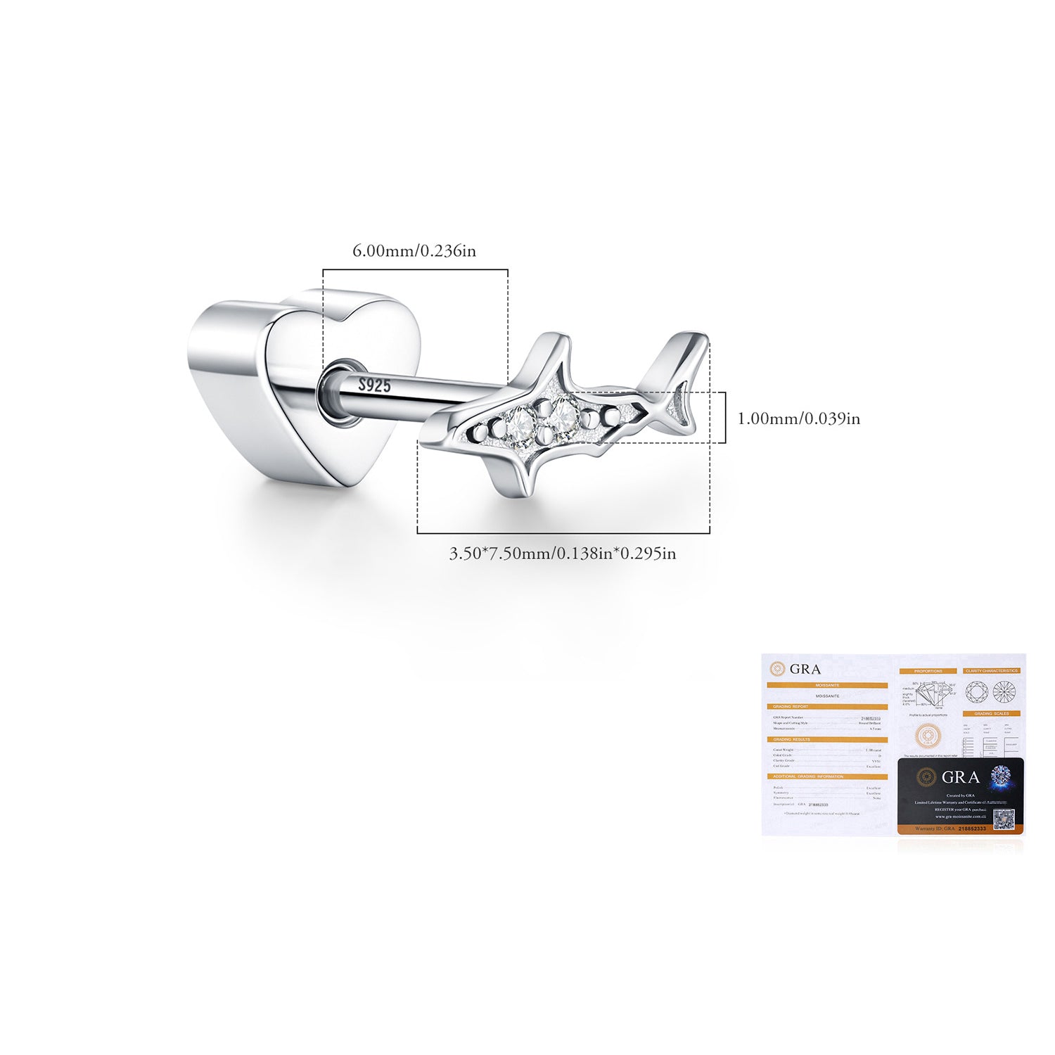925 Sterling Silver Moissanite Shark Cartilage Stud 110100107