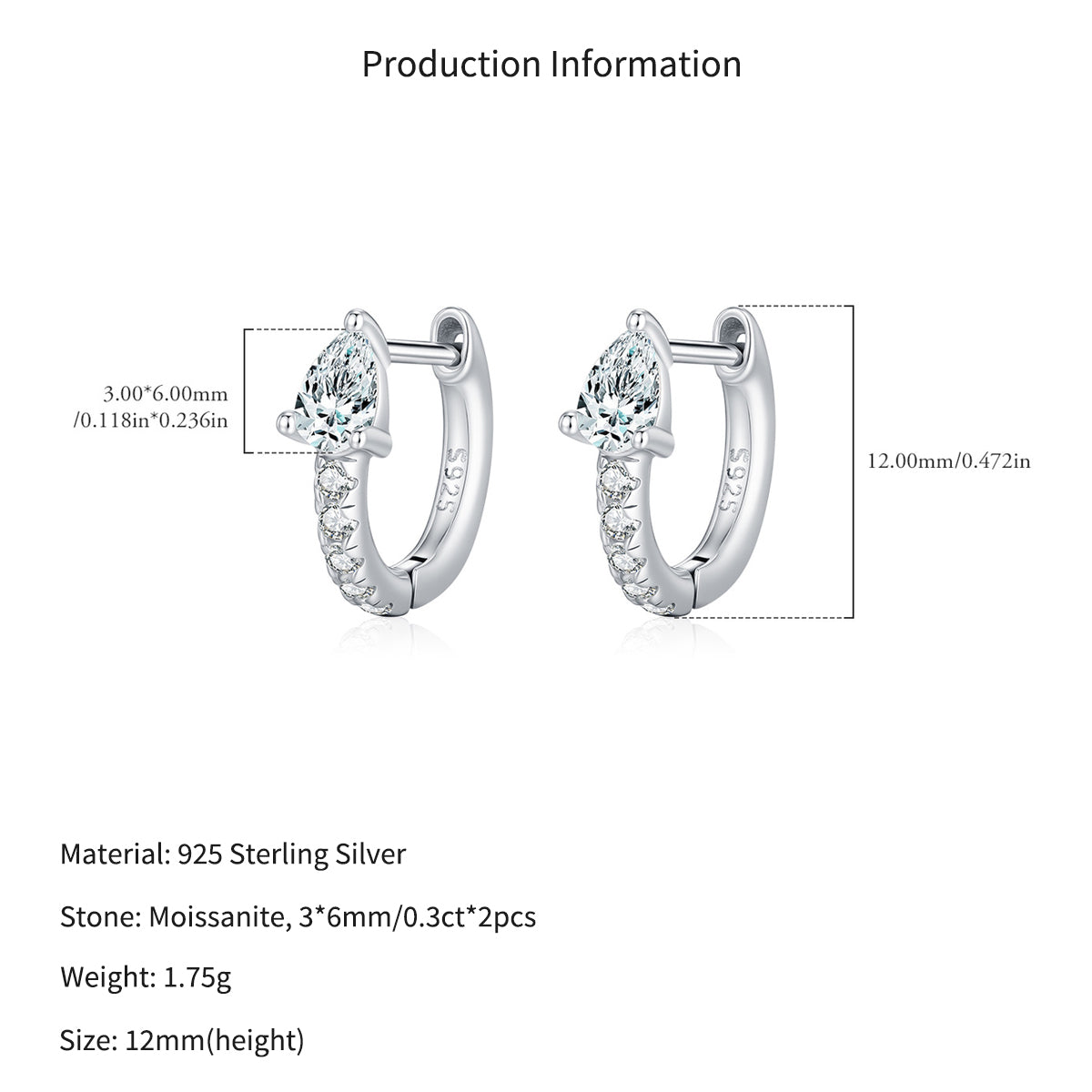 925 Sterling Silver Pear Cut Moissanite Huggie Hoop Earrings 110100109